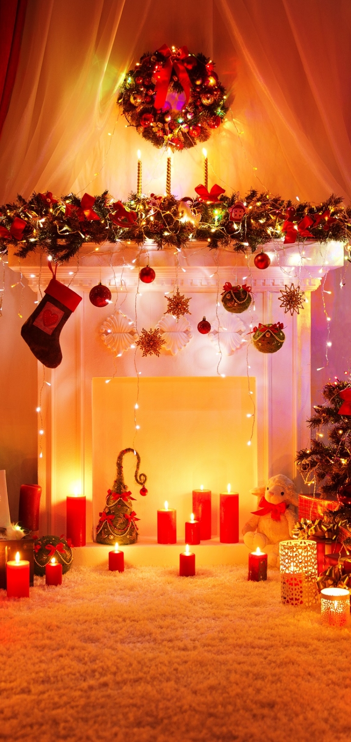 Download mobile wallpaper Christmas, Holiday, Gift, Christmas Tree, Candle, Fireplace, Christmas Ornaments, Christmas Lights for free.
