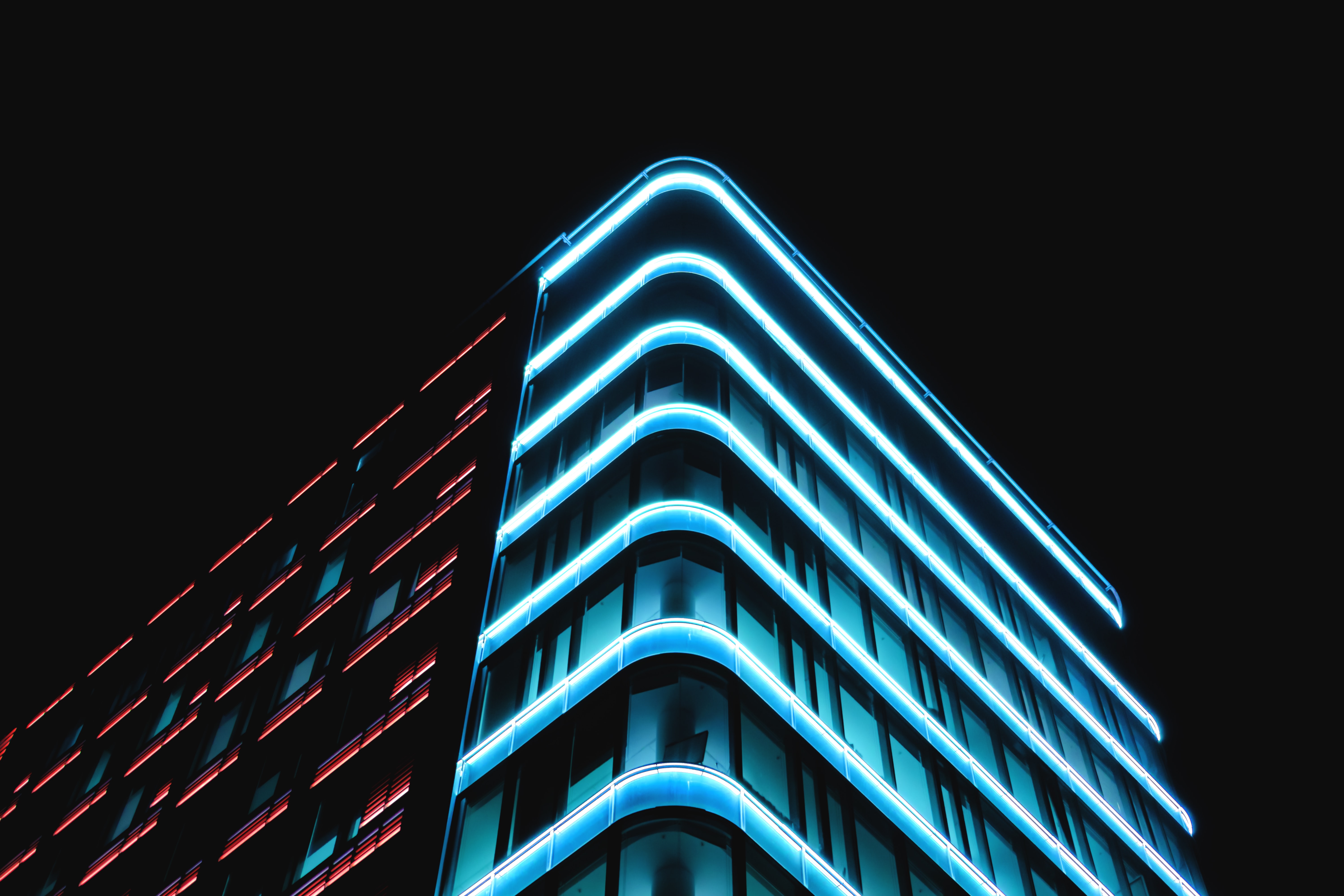 Download mobile wallpaper Building, Bottom View, Dark, Neon for free.