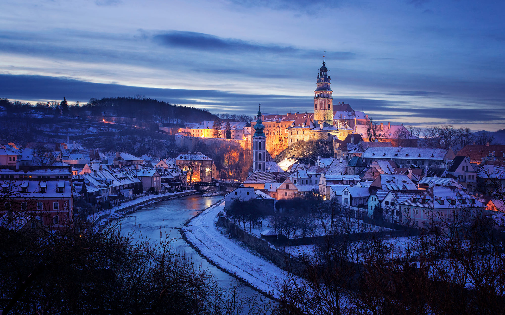 PCデスクトップに都市, 冬, 街, チェコ共和国, 夜, マンメイド画像を無料でダウンロード