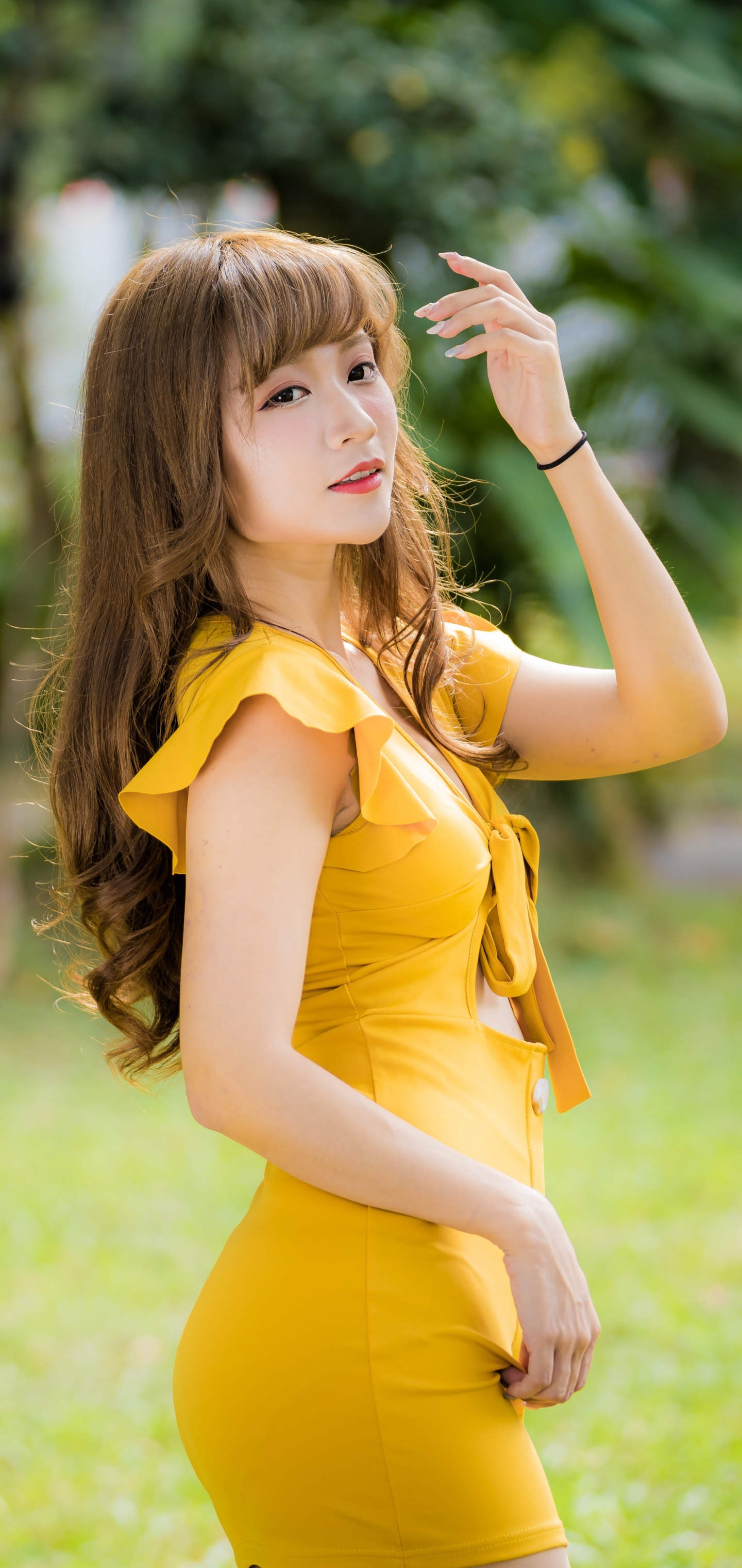 Download mobile wallpaper Brunette, Model, Women, Yellow Dress, Asian, Long Hair for free.