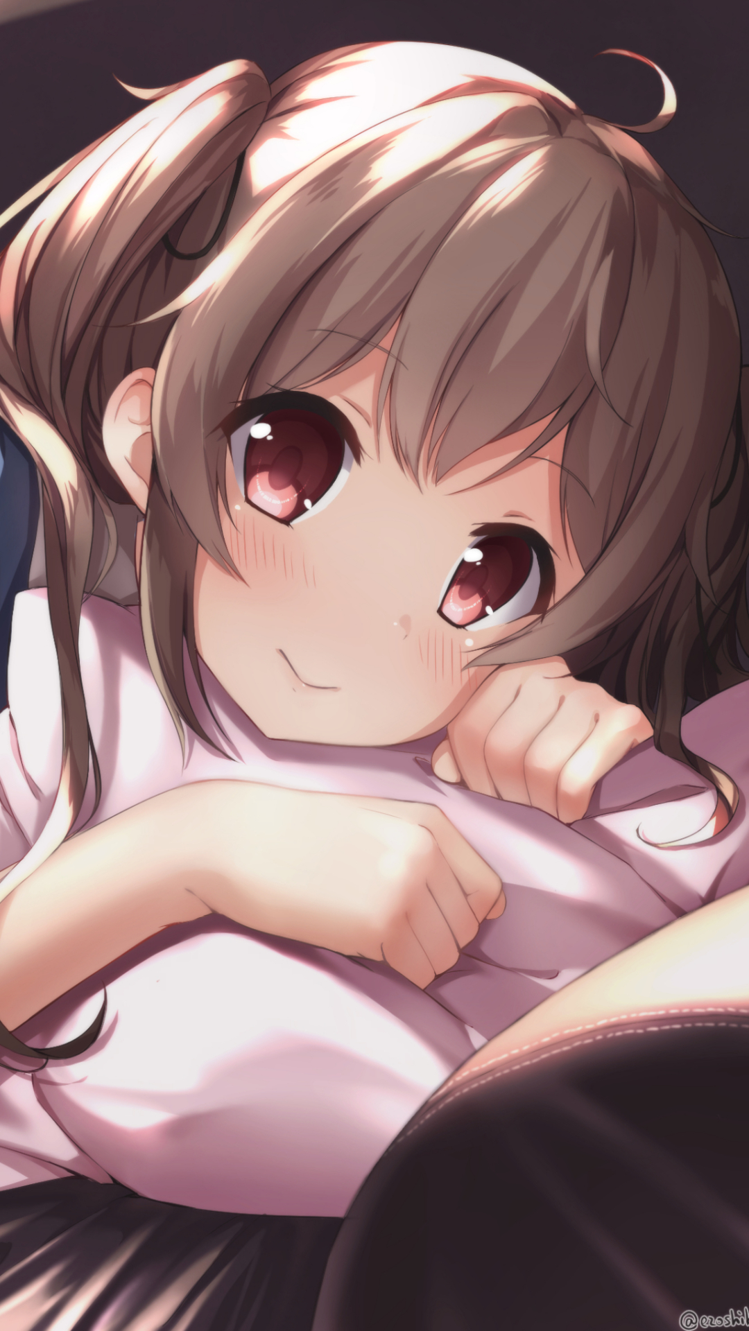 anime, kantai collection, school uniform, twintails, murasame (kancolle), couch, red eyes, long hair, brown hair, blush