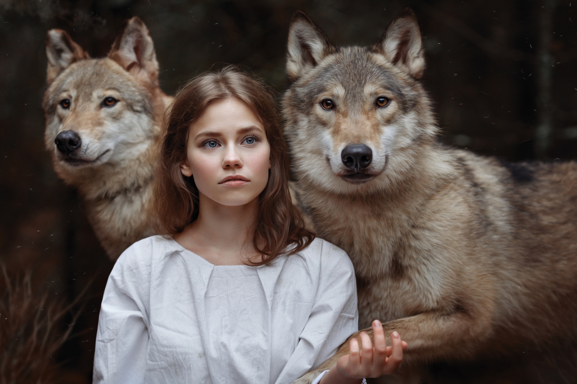 Free download wallpaper Wolf, Brunette, Model, Women, Blue Eyes on your PC desktop