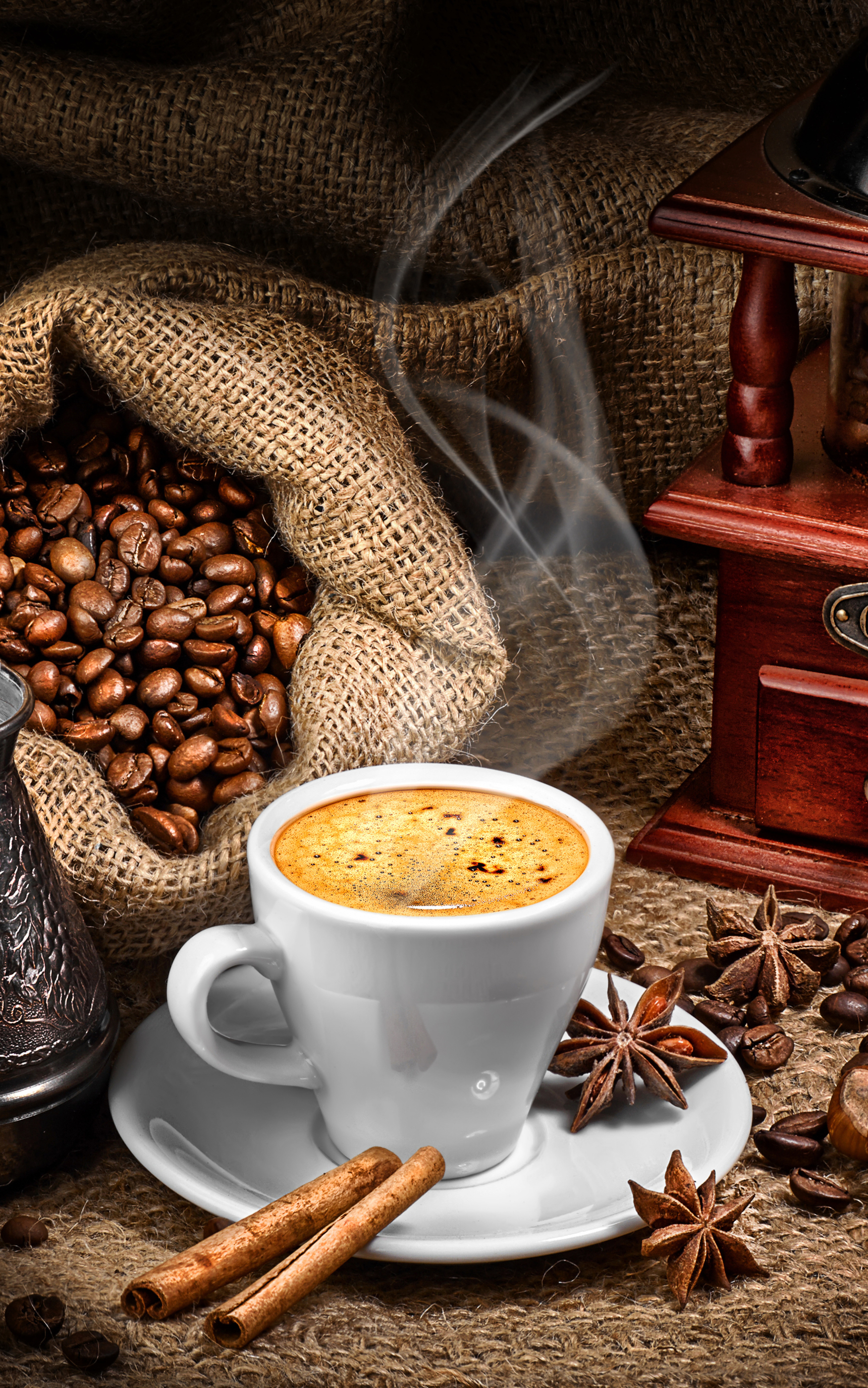 Download mobile wallpaper Food, Coffee, Cinnamon, Cup, Coffee Beans, Star Anise for free.