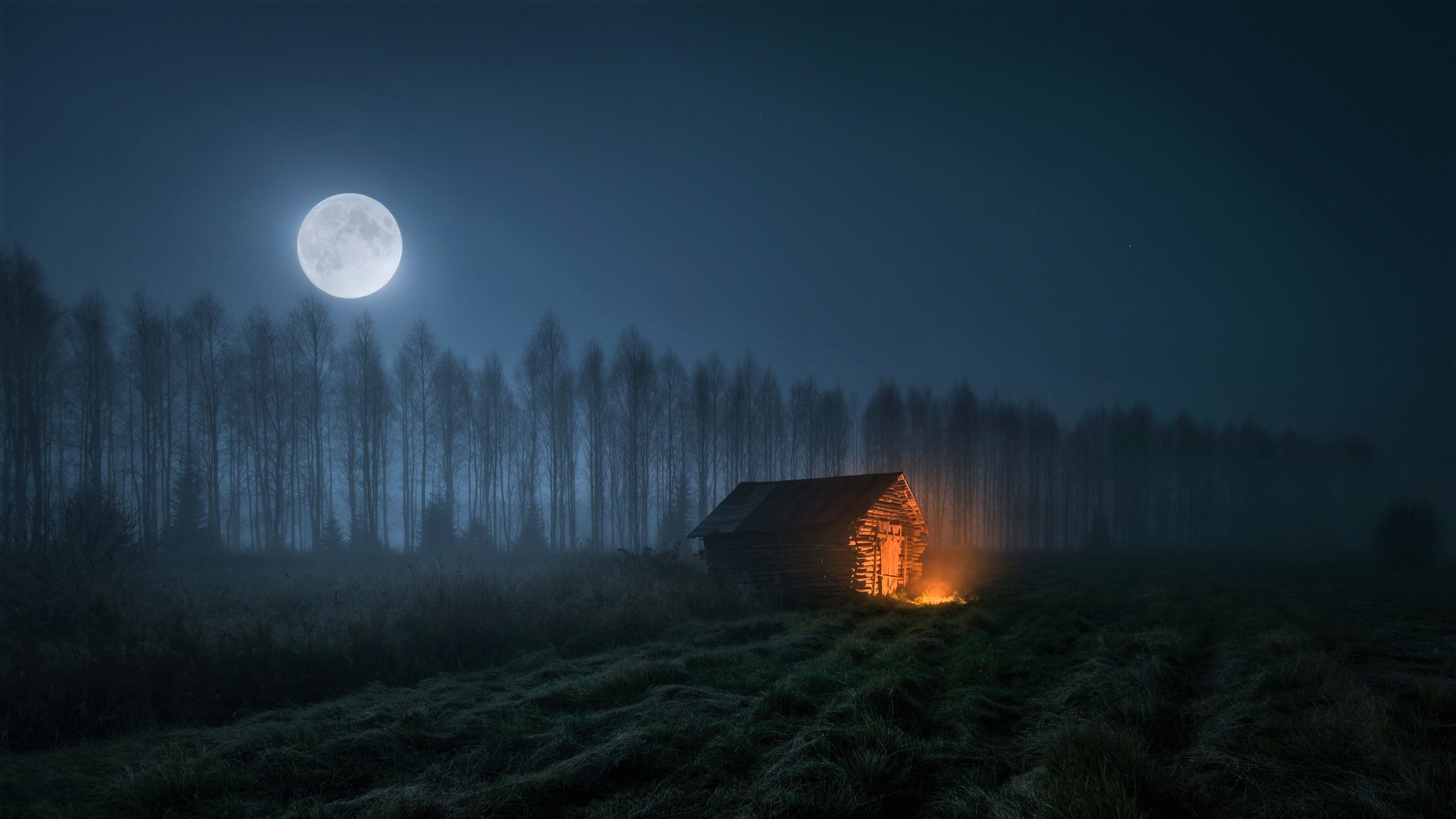 Download mobile wallpaper Night, Moon, Tree, Field, Cabin, Man Made for free.