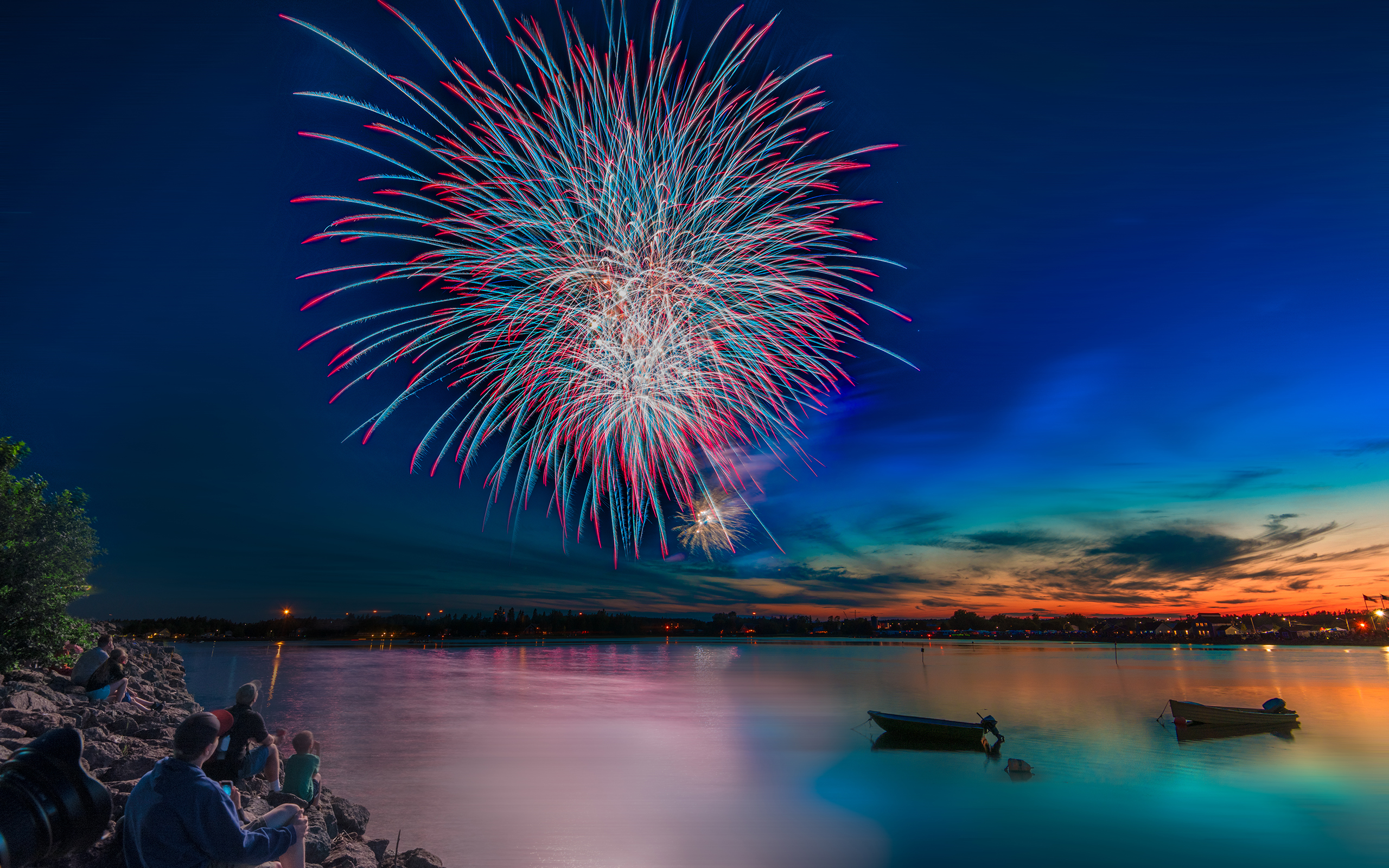 Download mobile wallpaper Night, Lake, Colors, Boat, Colorful, Fireworks, Photography for free.