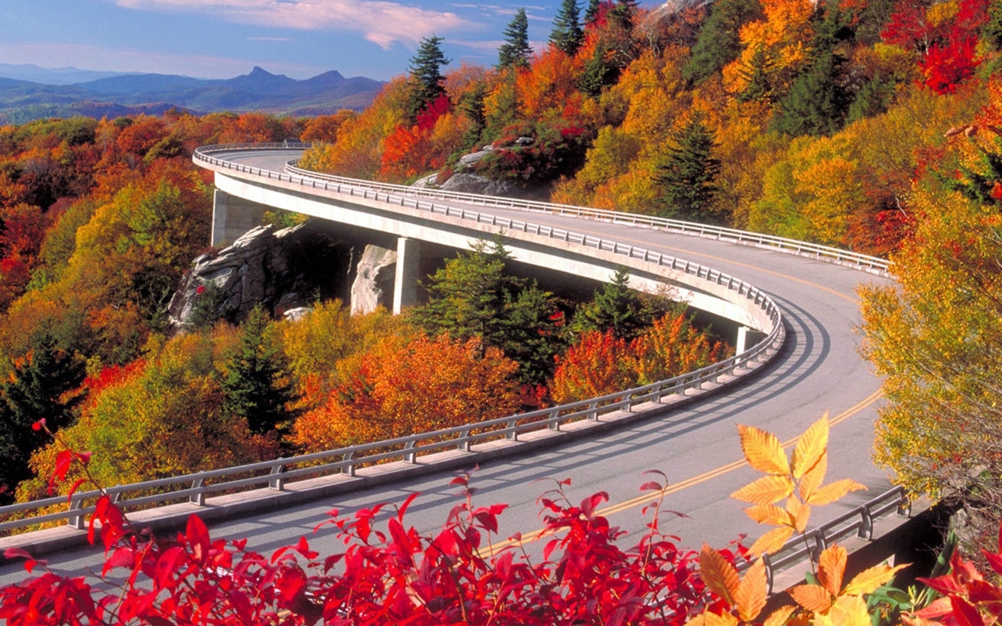 Скачать обои бесплатно Мосты, Пейзаж, Деревья, Дороги, Осень картинка на рабочий стол ПК