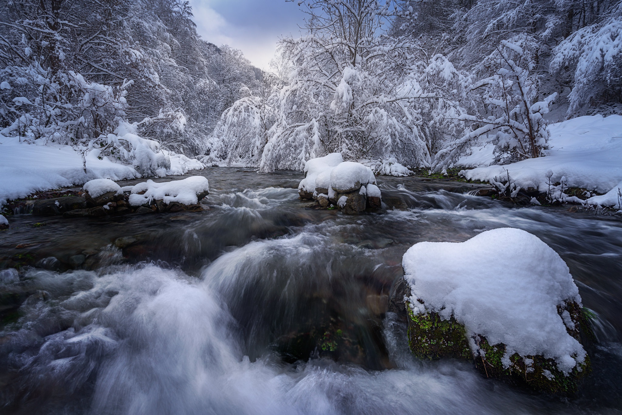 Скачати мобільні шпалери Зима, Річка, Сніг, Водоспад, Ліс, Земля, Потік безкоштовно.