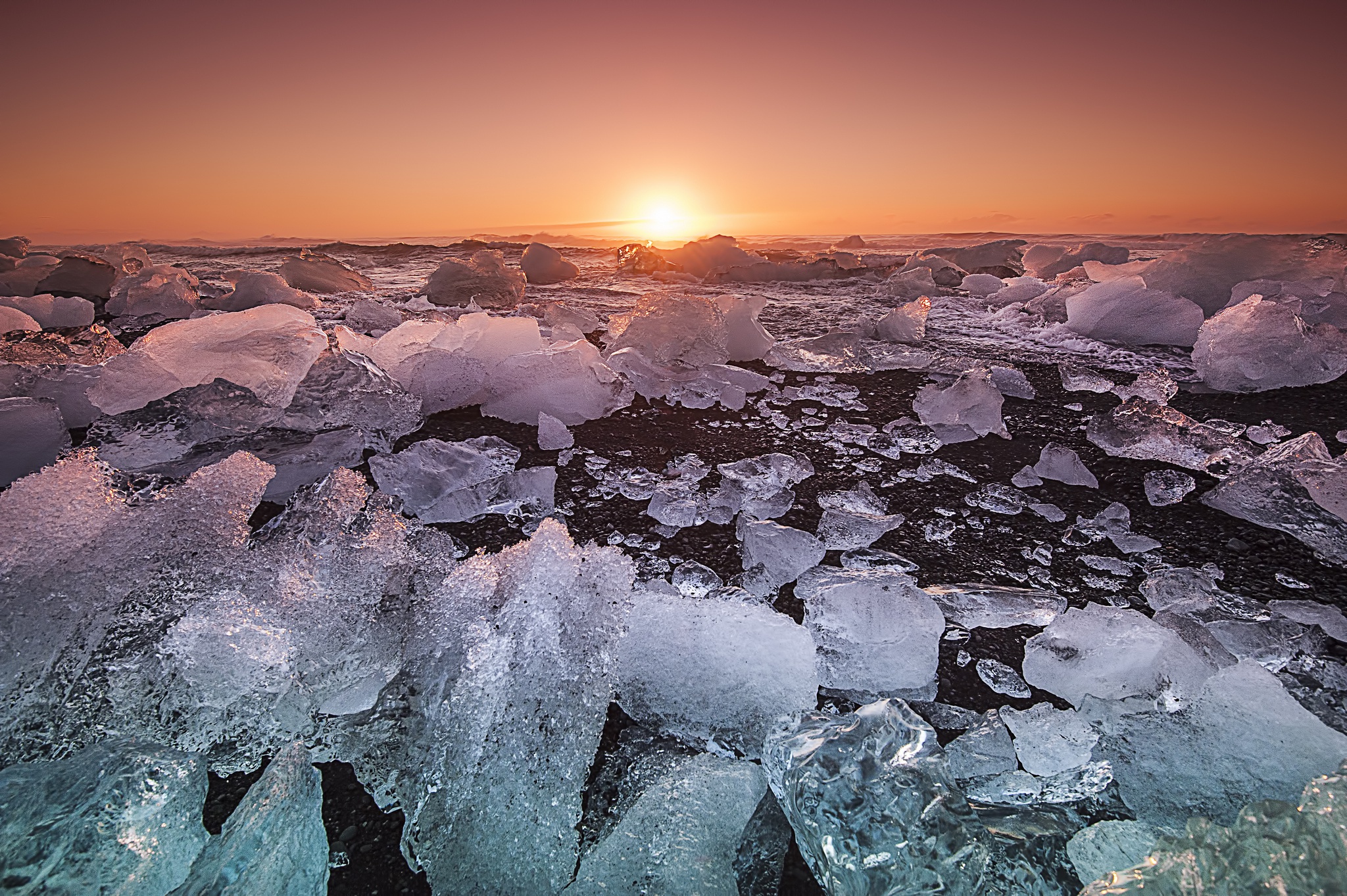 Download mobile wallpaper Nature, Sunset, Ice, Horizon, Earth for free.