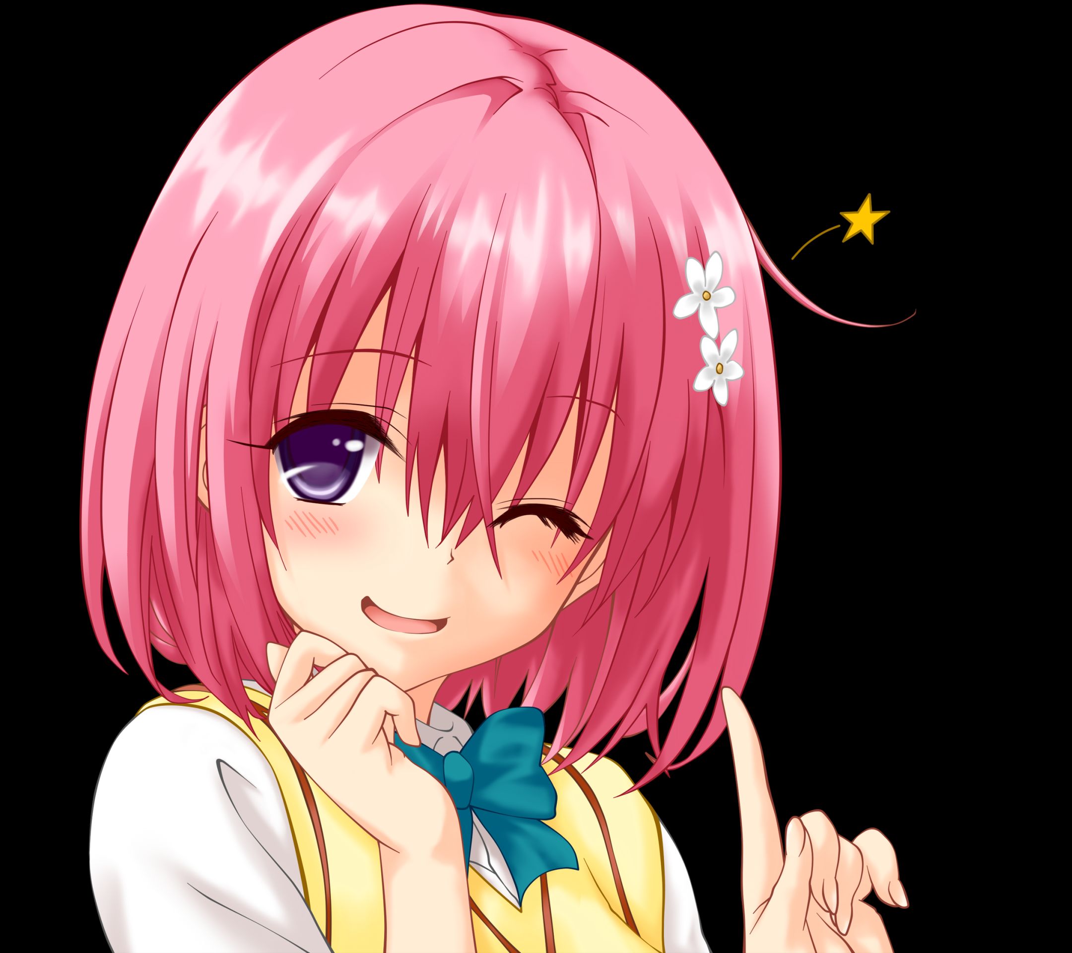 Free download wallpaper Anime, Flower, Smile, Pink Hair, Blush, Short Hair, Purple Eyes, To Love Ru, Bow (Clothing), Momo Velia Deviluke on your PC desktop