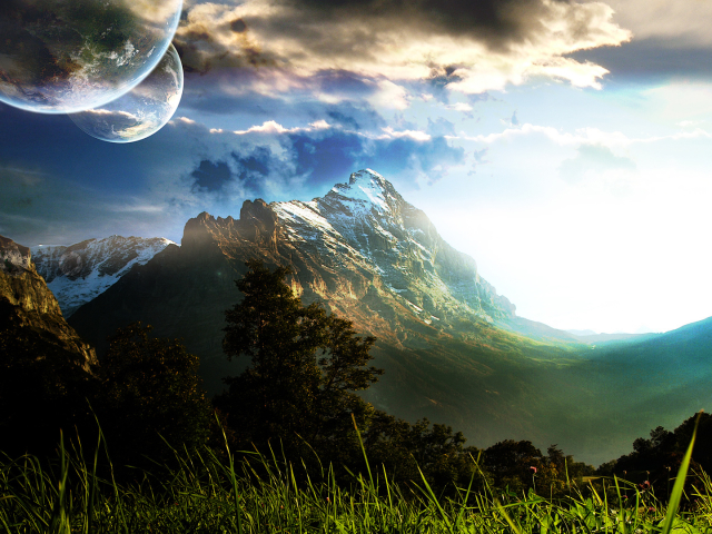 Laden Sie das Landschaft, Berg, Planet, Gebirge, Science Fiction, Gras, Sonne-Bild kostenlos auf Ihren PC-Desktop herunter