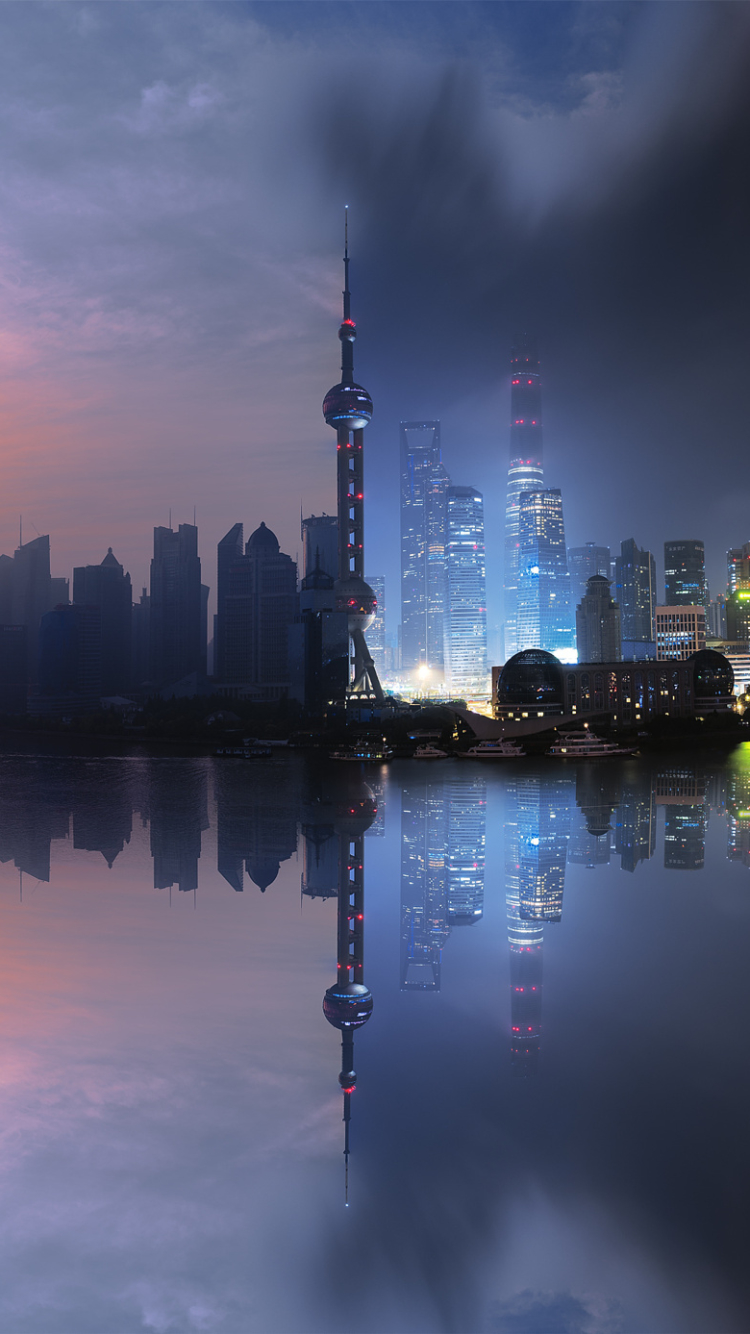 Download mobile wallpaper Night, City, Skyscraper, Building, Reflection, China, Photography, Shanghai, Manipulation for free.