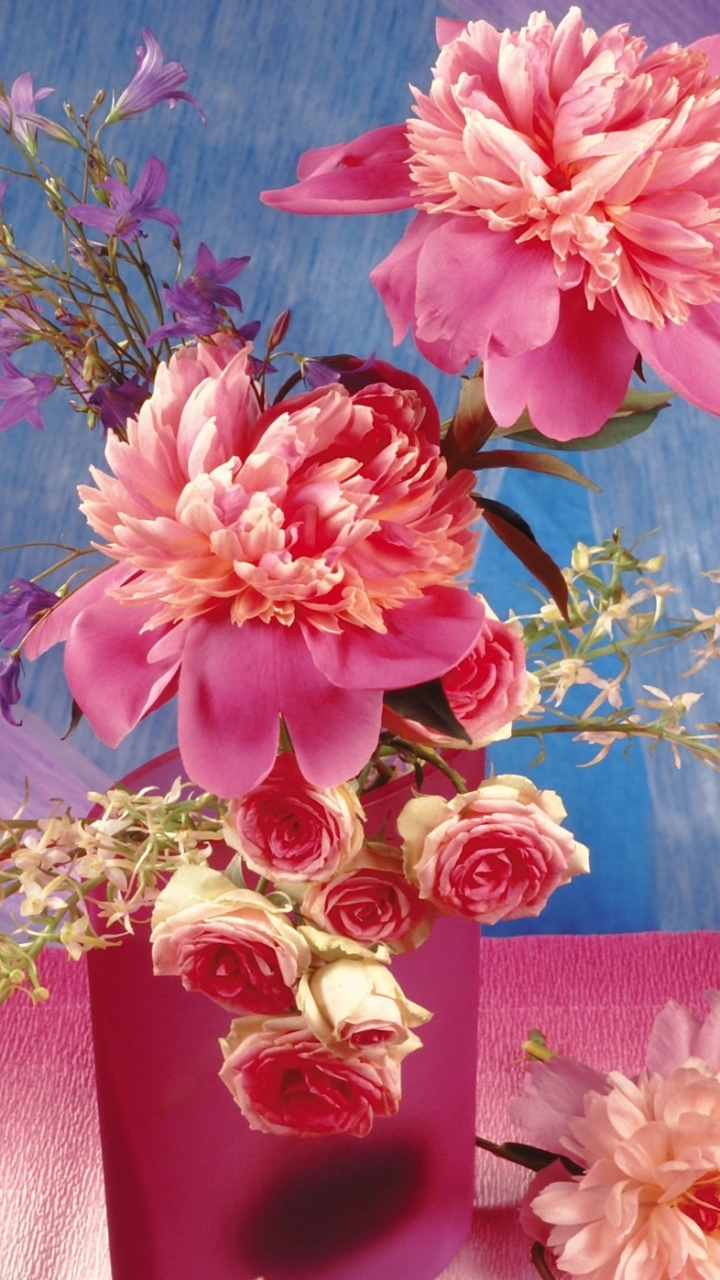 Download mobile wallpaper Flower, Vase, Peony, Man Made, Pink Flower for free.