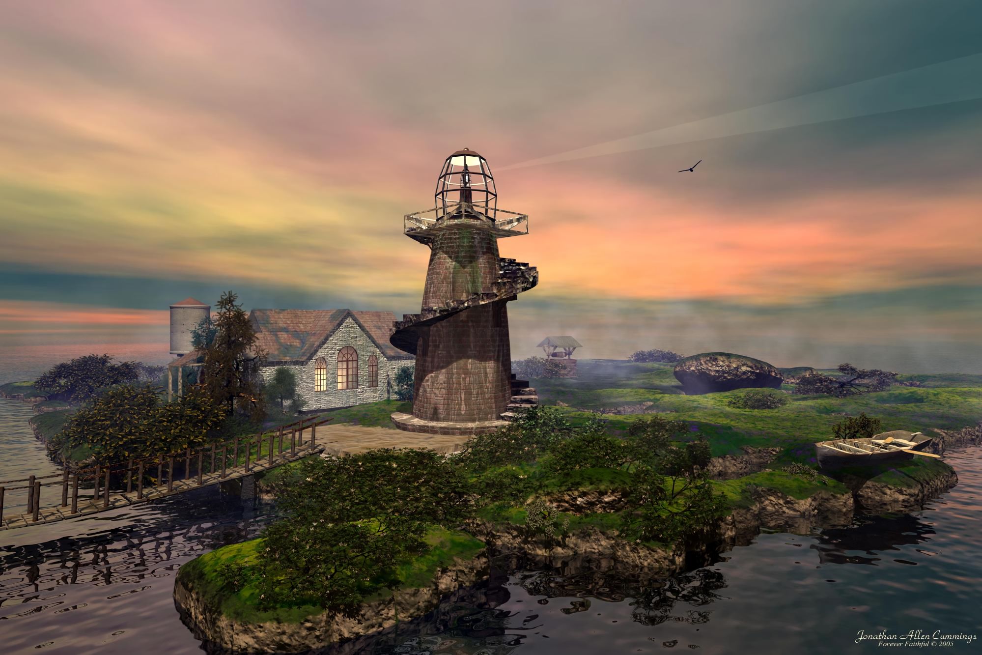 Free download wallpaper Fantasy, Tree, Lighthouse, Painting, Artistic, Cottage on your PC desktop