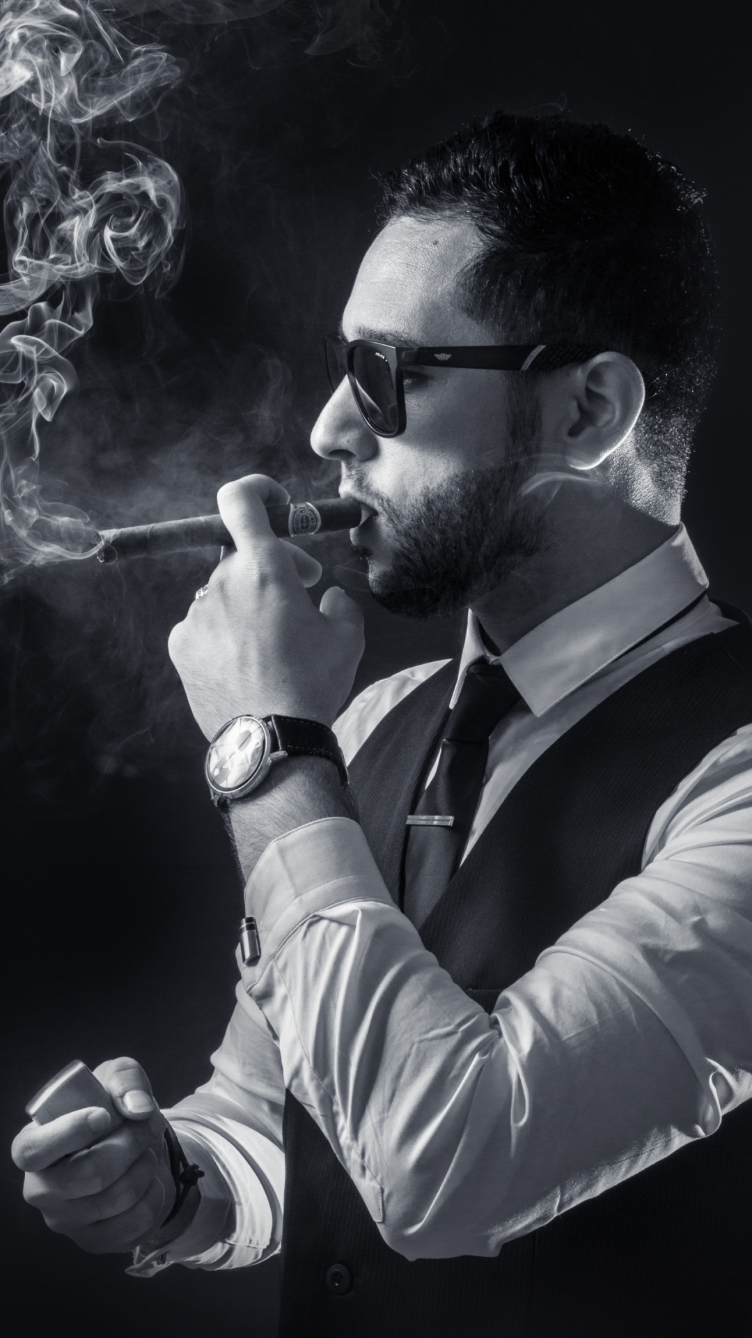 Download mobile wallpaper Smoke, Men, Monochrome, Photography, Sunglasses, Smoking, Cigar for free.