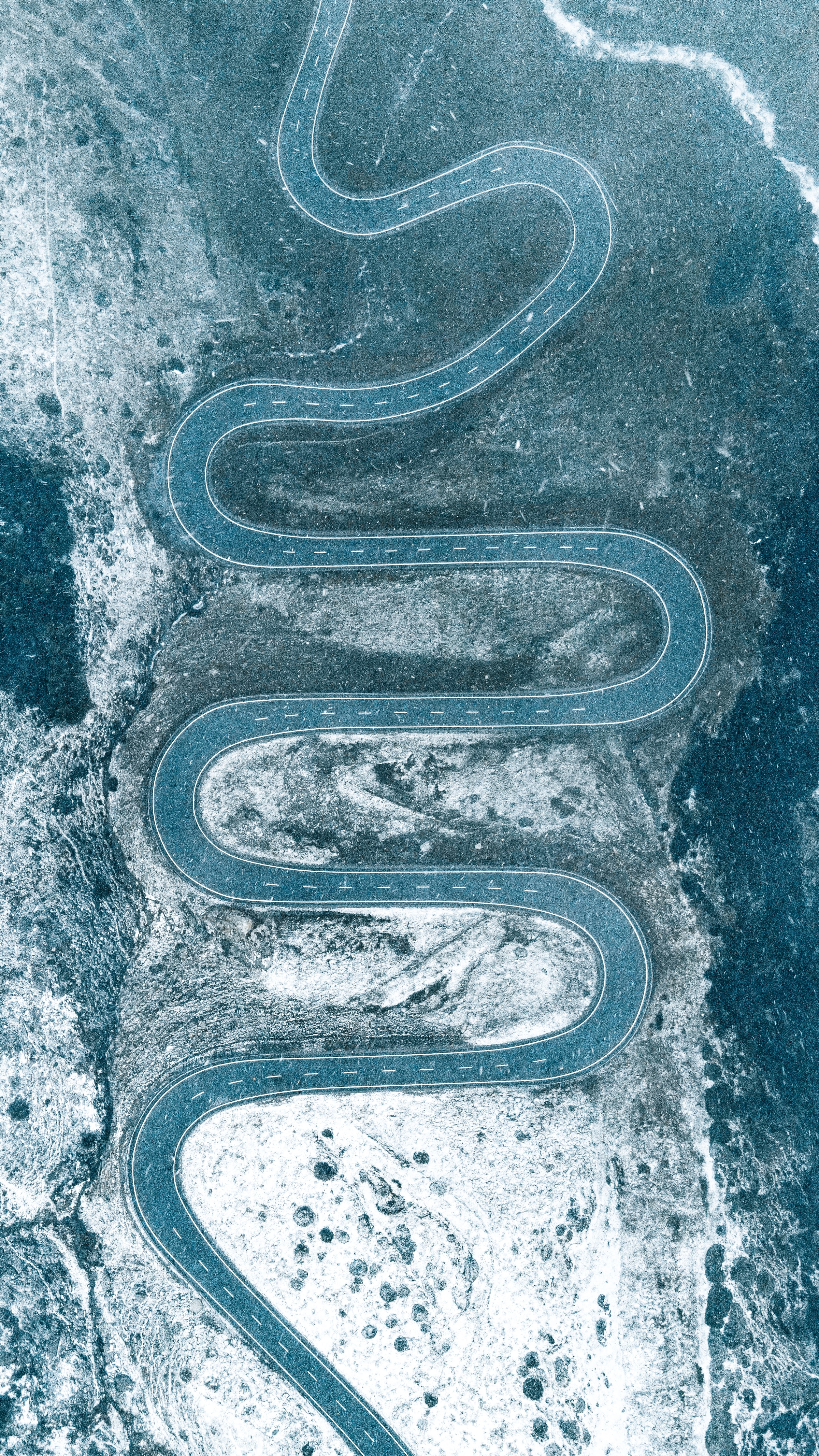 nature, snow, view from above, road, snow covered, snowbound, winding, sinuous