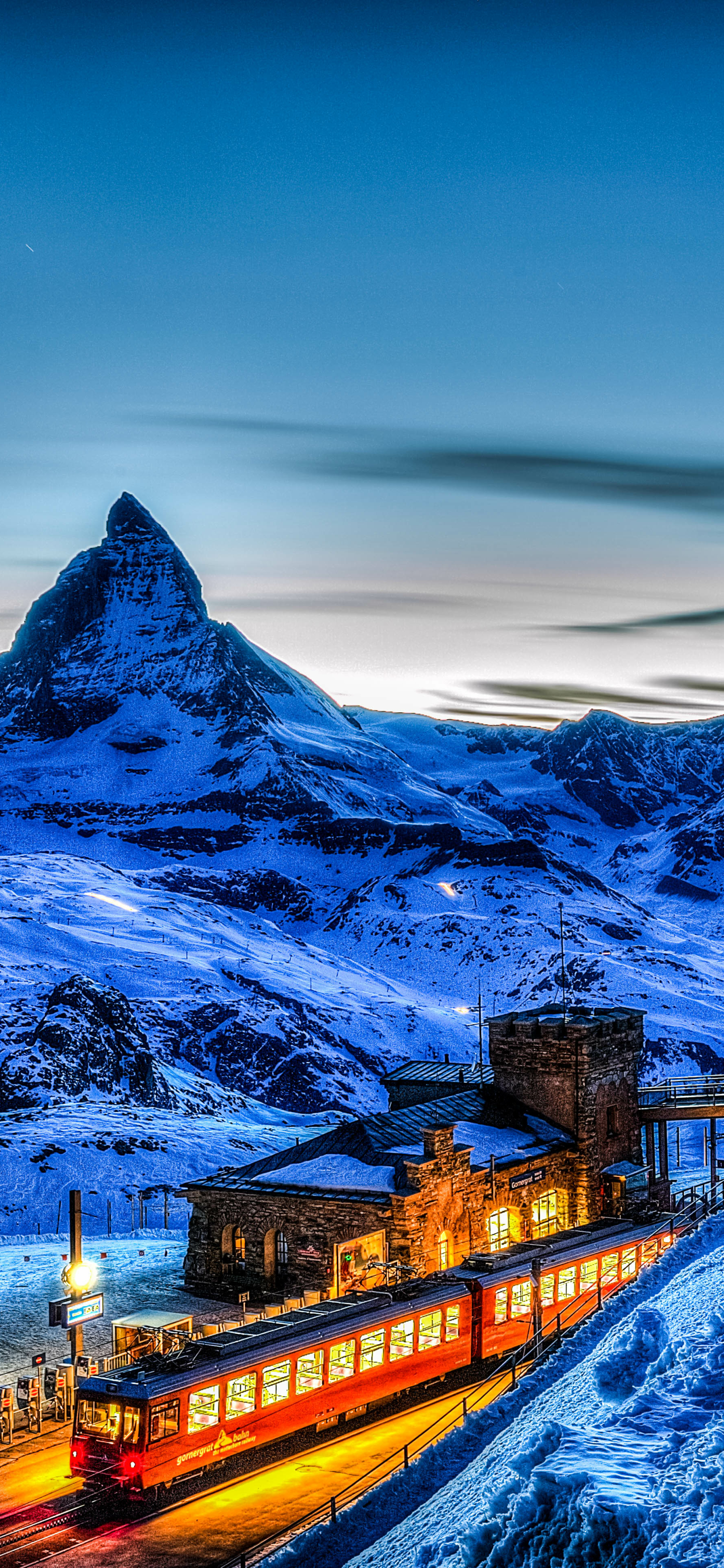 Download mobile wallpaper Winter, Snow, Mountain, Alps, Switzerland, Train, Matterhorn, Vehicle, Vehicles for free.