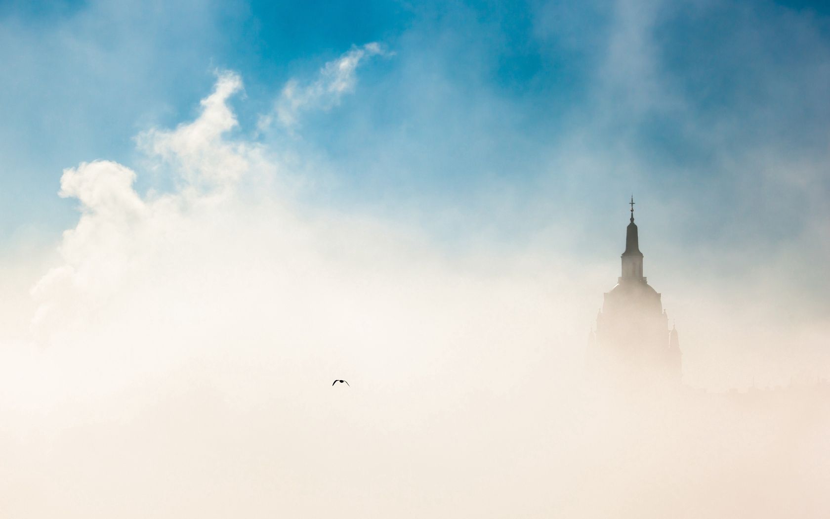 Download mobile wallpaper Fog, Sky, Cities, City, Bird, Budapest, Morning for free.