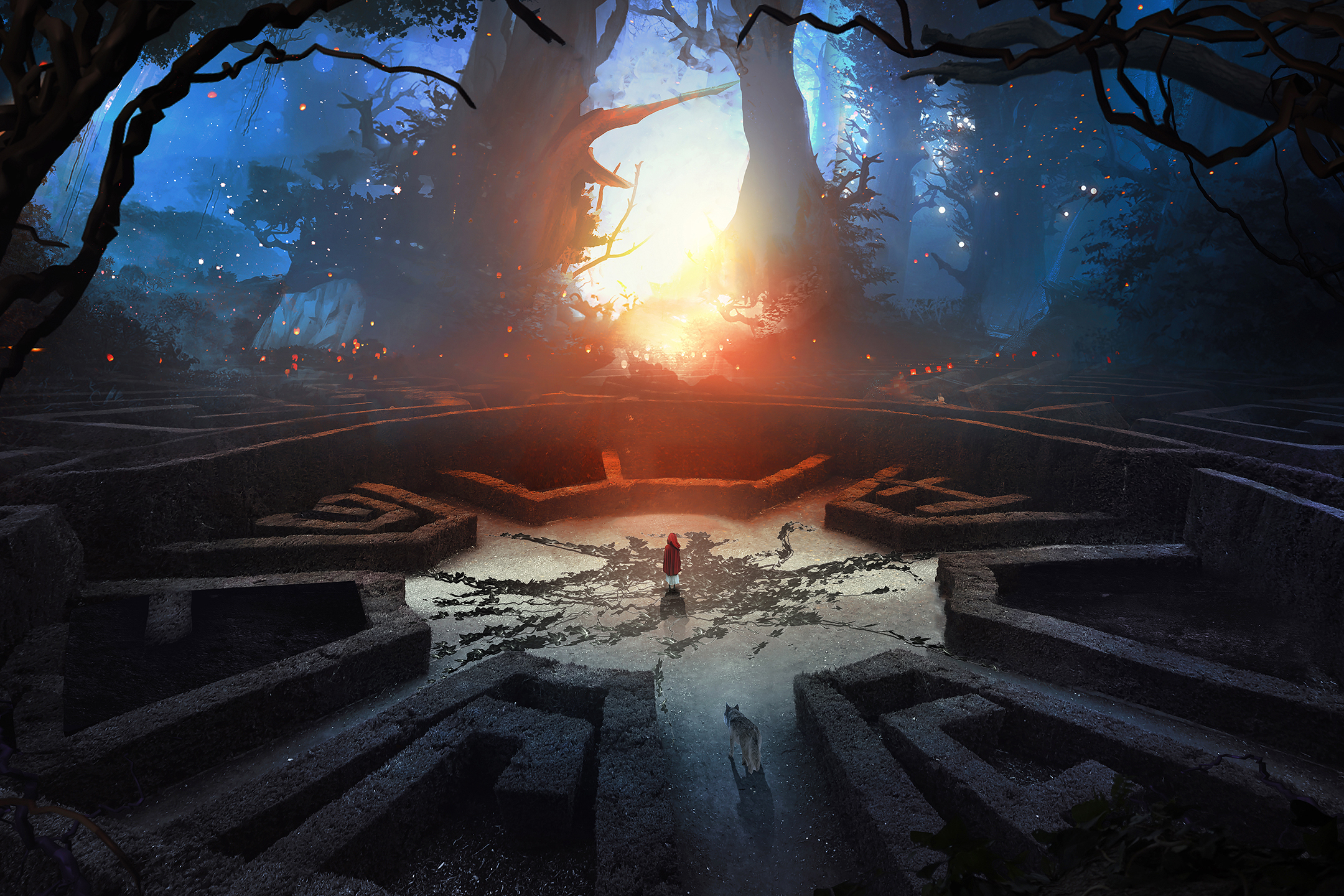 Laden Sie das Fantasie, Wald, Wolf, Labyrinth, Rotkäppchen-Bild kostenlos auf Ihren PC-Desktop herunter