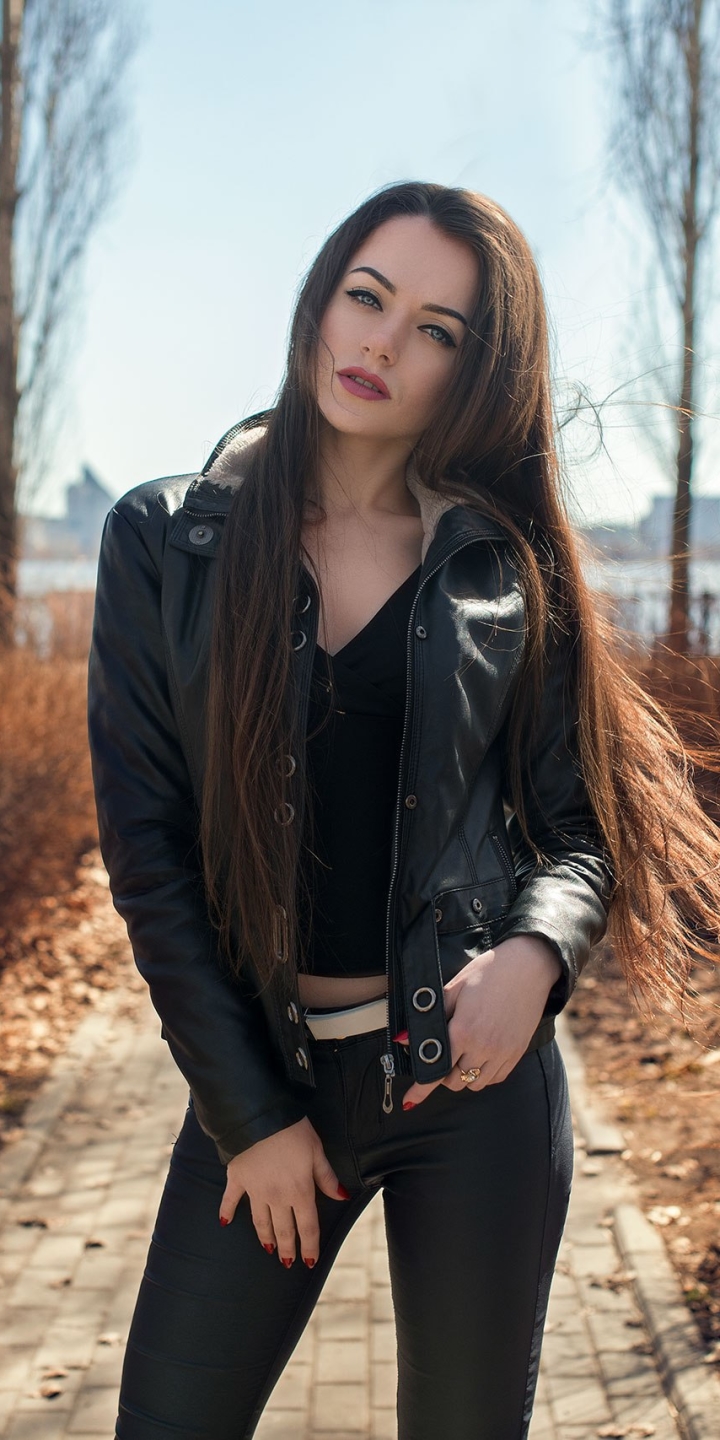 Download mobile wallpaper Brunette, Jacket, Model, Women, Long Hair for free.