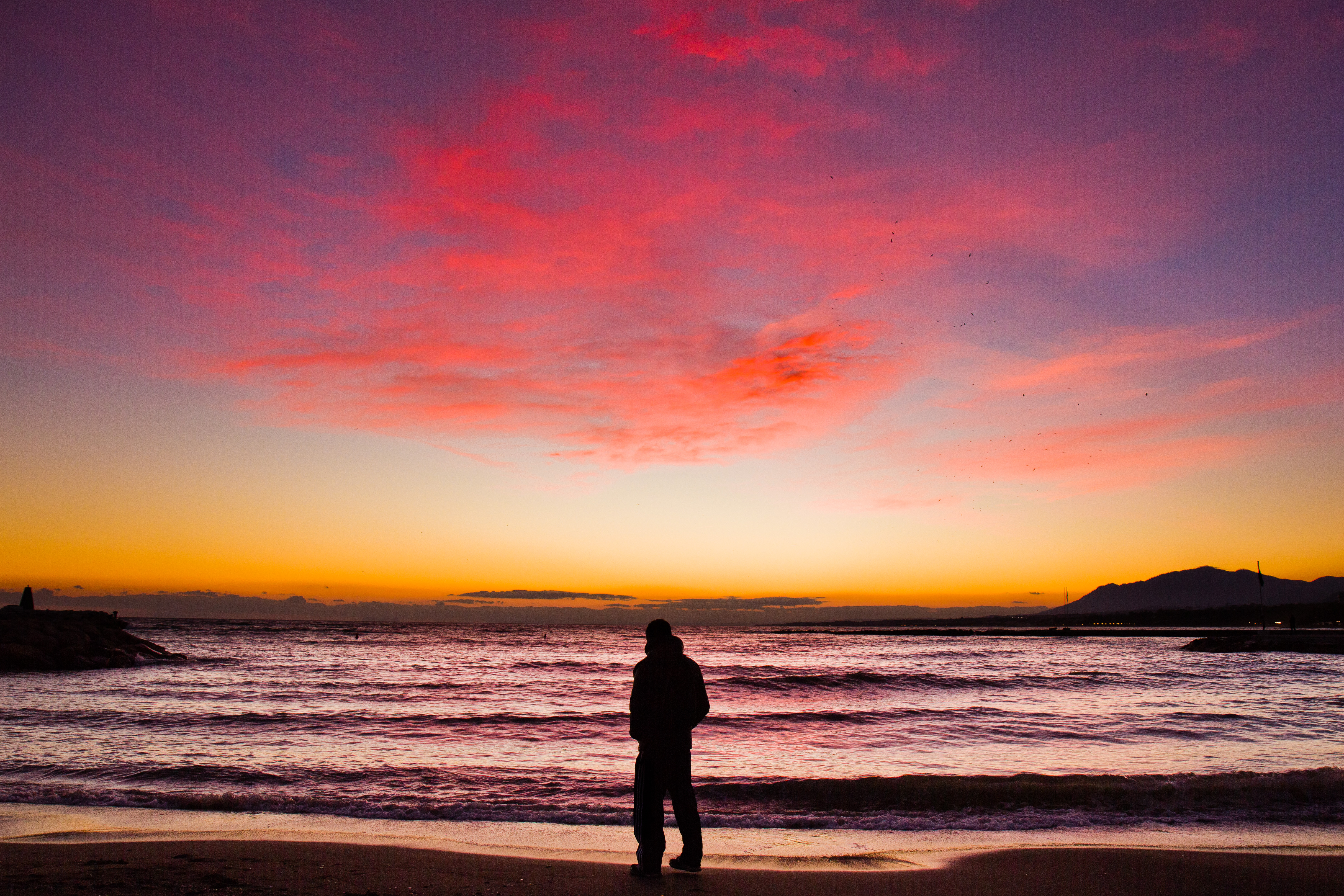 Free download wallpaper Horizon, Silhouette, Sunset, Sea, Dark on your PC desktop