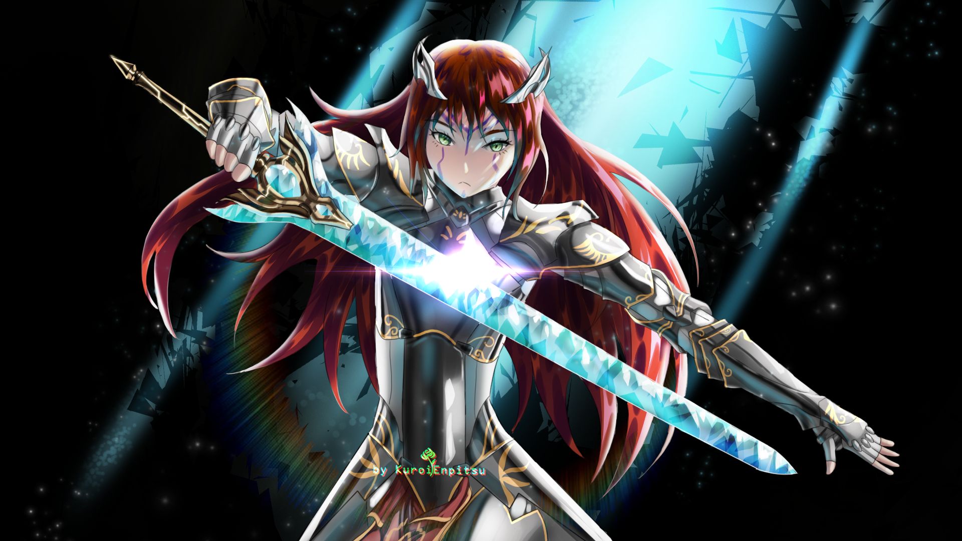 Download mobile wallpaper Anime, Armor, Sword, Green Eyes, Original, Red Hair, Woman Warrior for free.