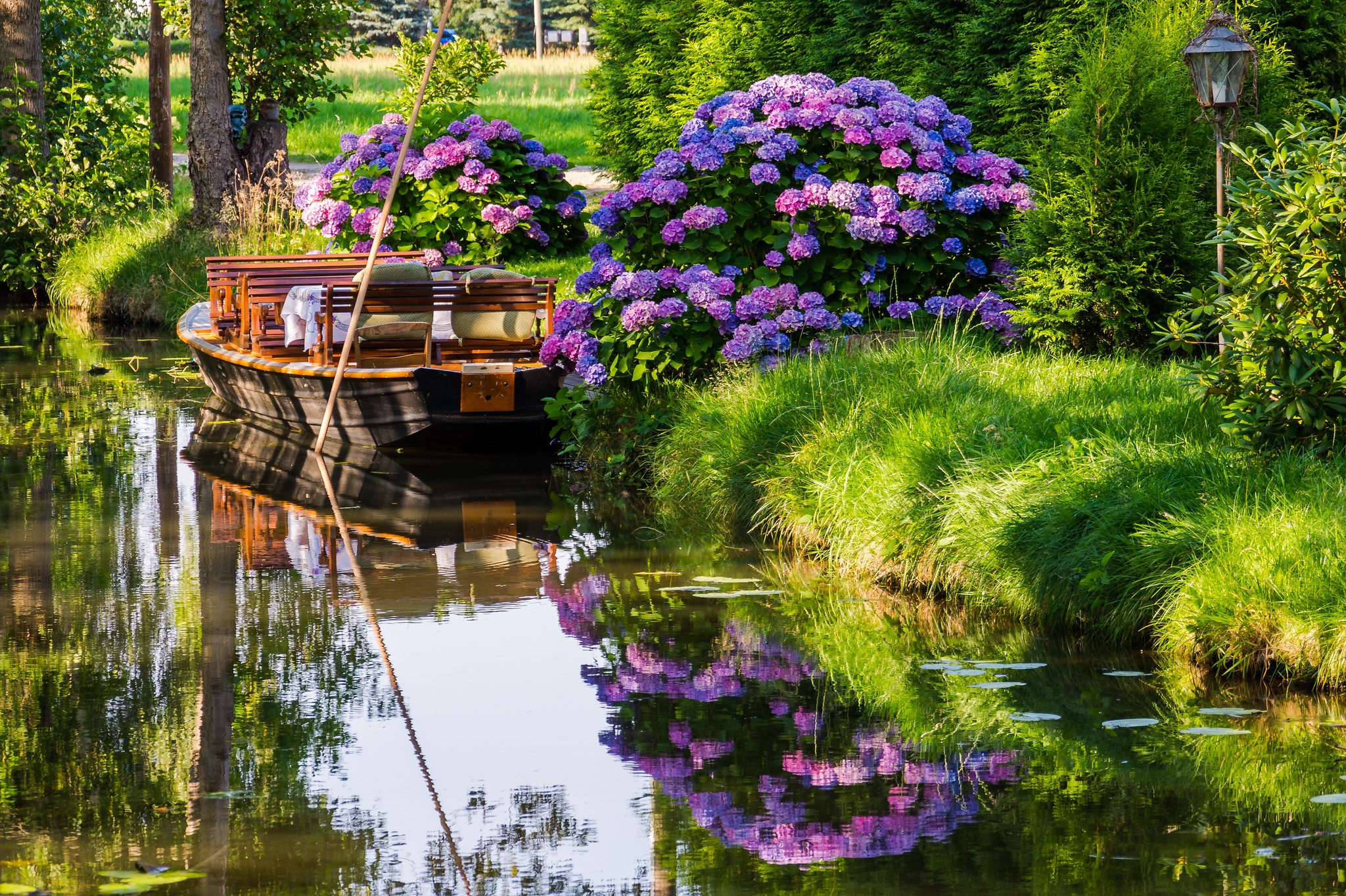 Download mobile wallpaper Reflection, Boat, Hydrangea, River, Vehicles for free.