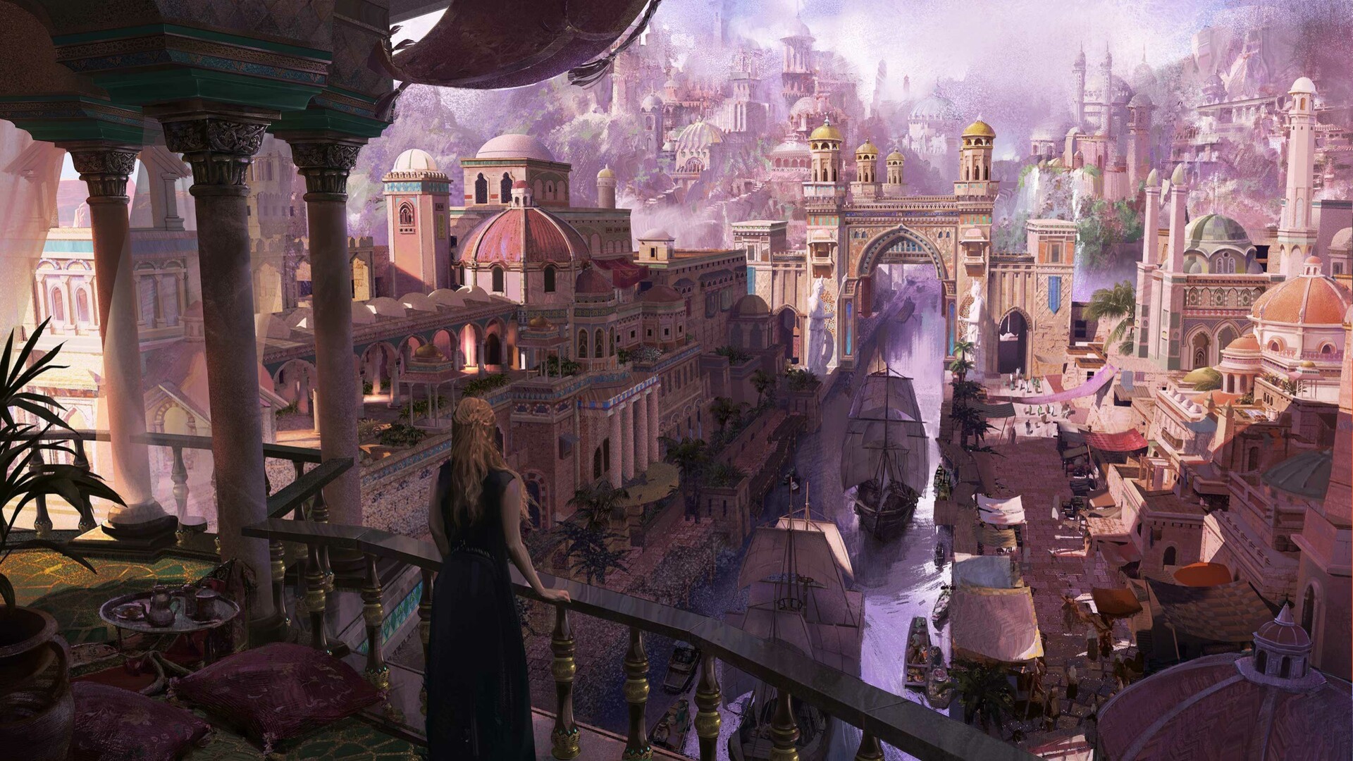 Free download wallpaper Fantasy, City, Ship, Blonde on your PC desktop