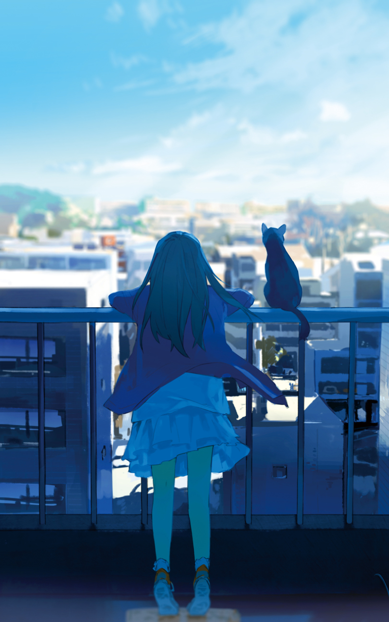 Download mobile wallpaper Anime, Building, Cat, Original, Long Hair for free.