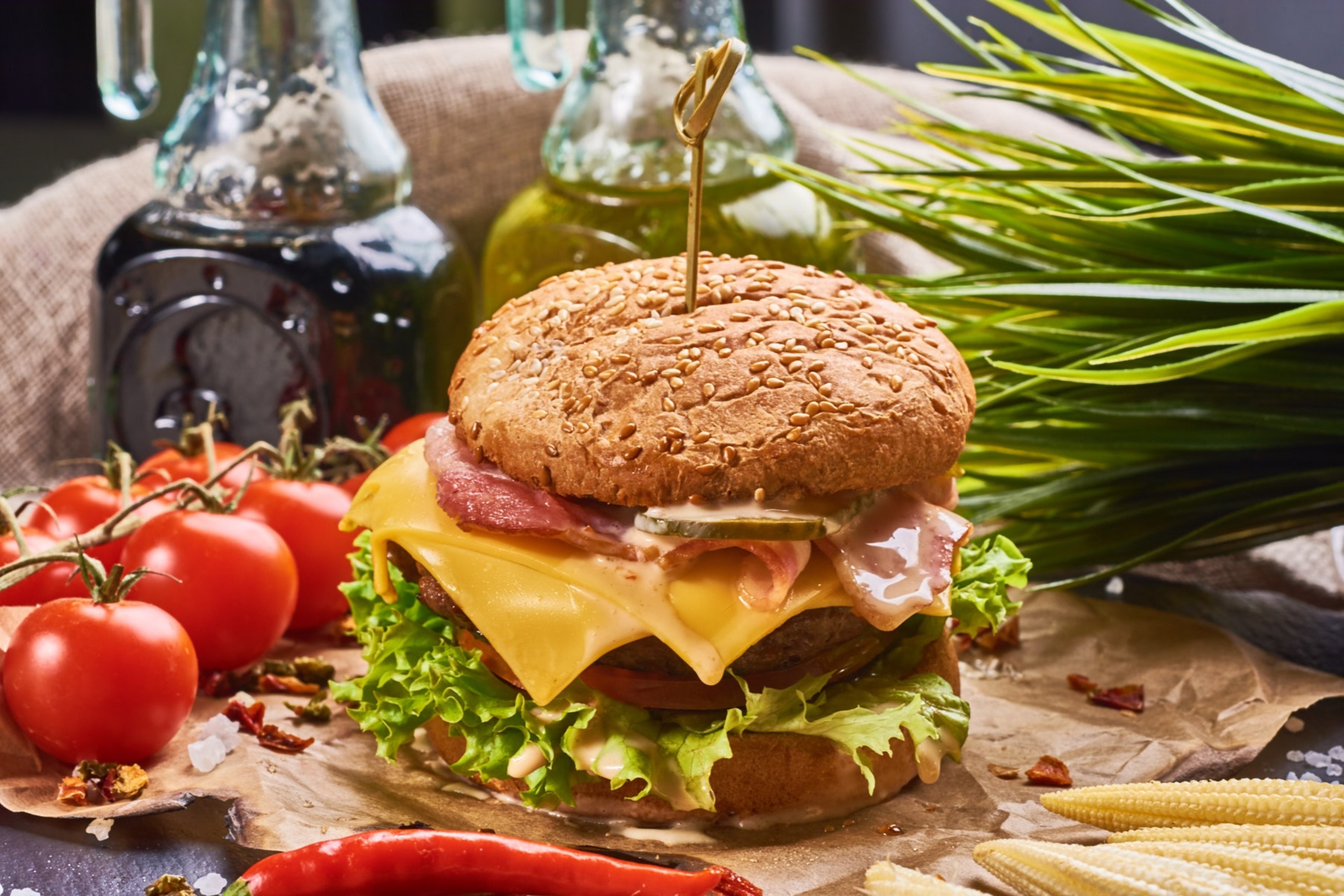 Download mobile wallpaper Food, Still Life, Tomato, Burger for free.