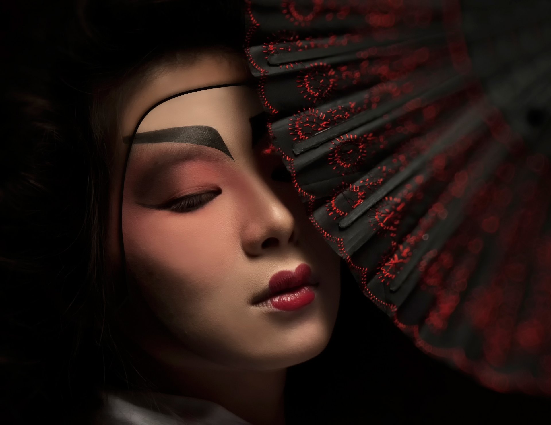 Download mobile wallpaper Fantasy, Mask, Face, Fan, Women, Geisha for free.