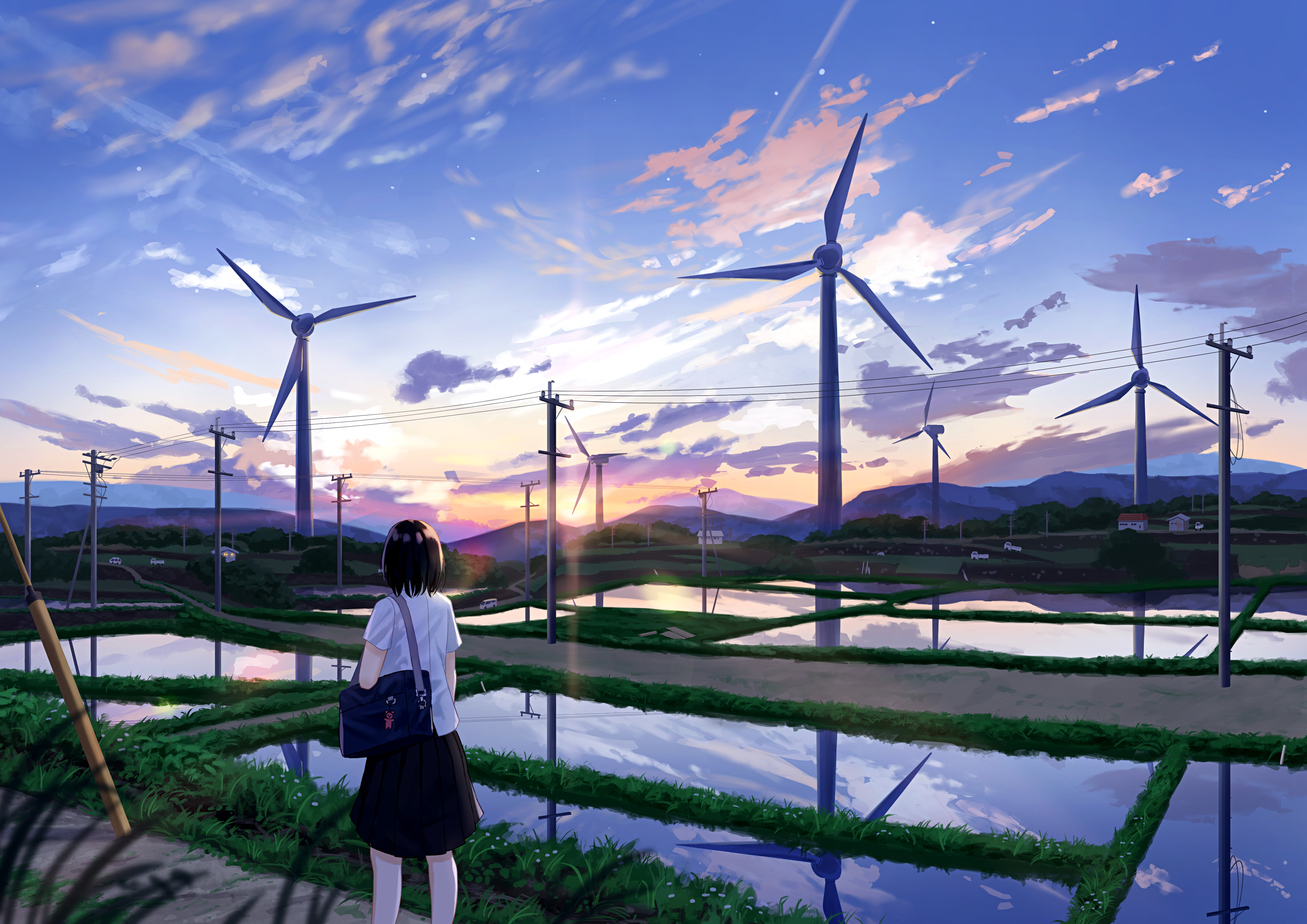 Free download wallpaper Anime, Sunset, Wind Turbine on your PC desktop