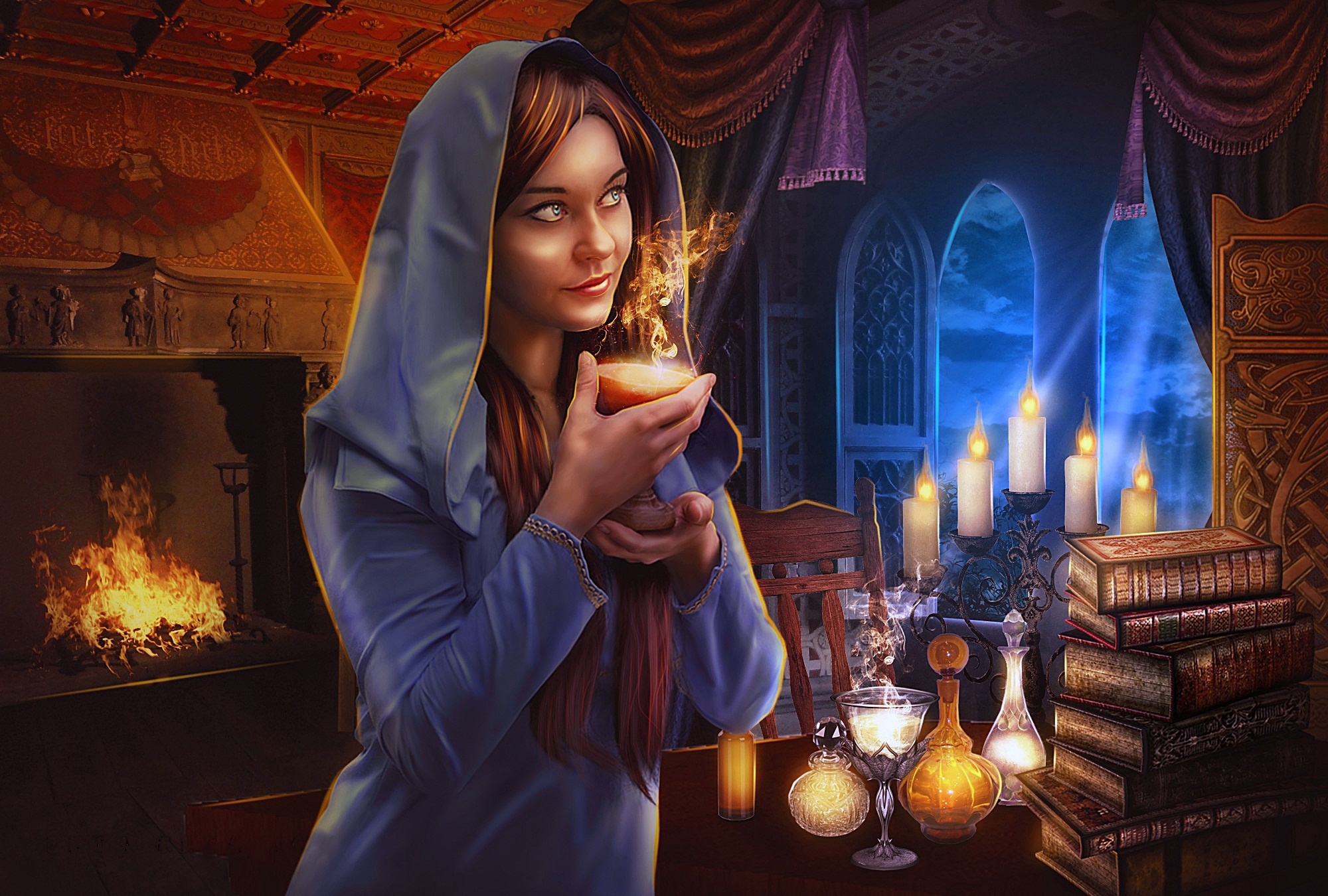 Download mobile wallpaper Magic, Fantasy, Fire, Book, Candle, Sorceress for free.