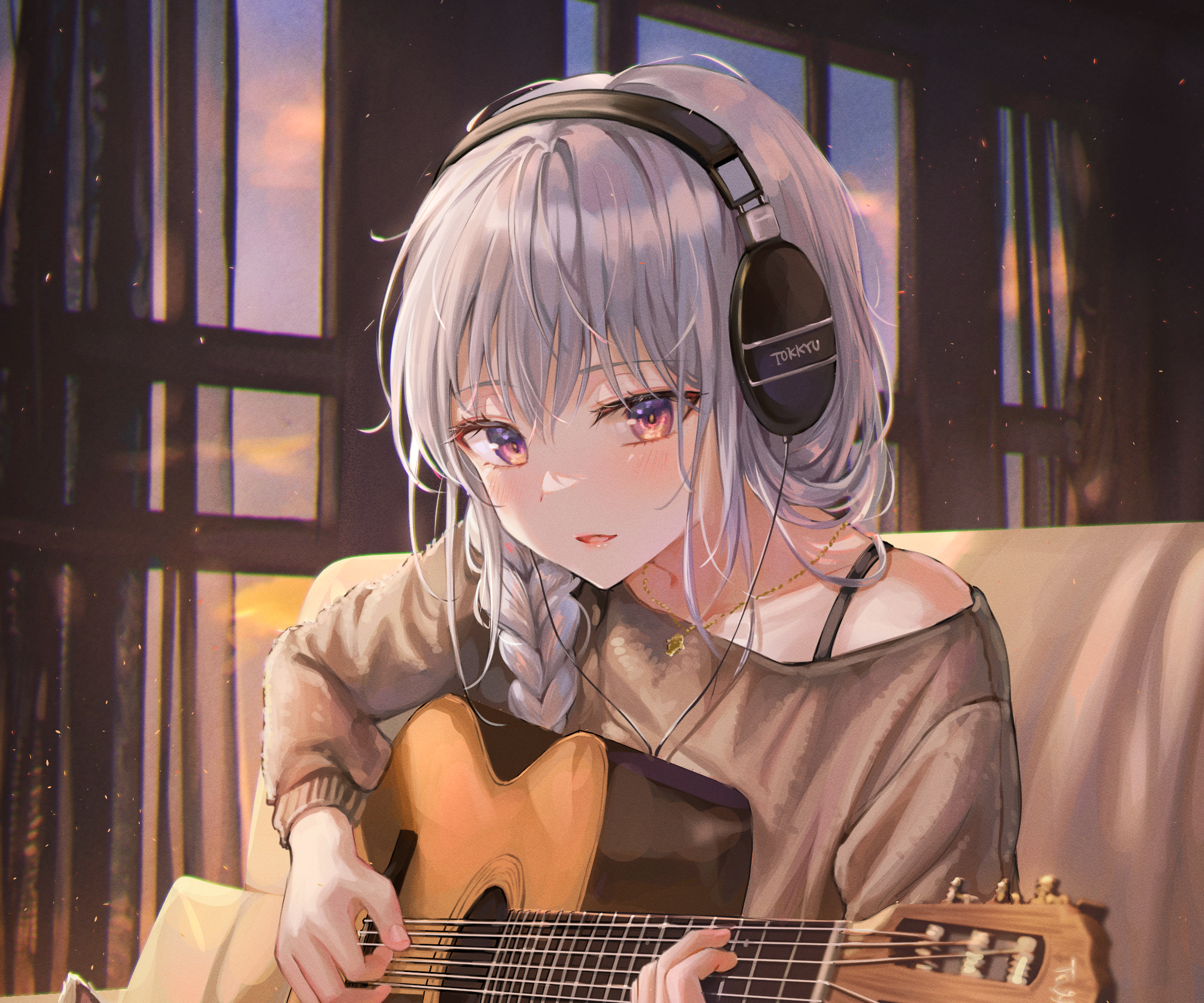 Download mobile wallpaper Anime, Headphones, Guitar, Girl for free.