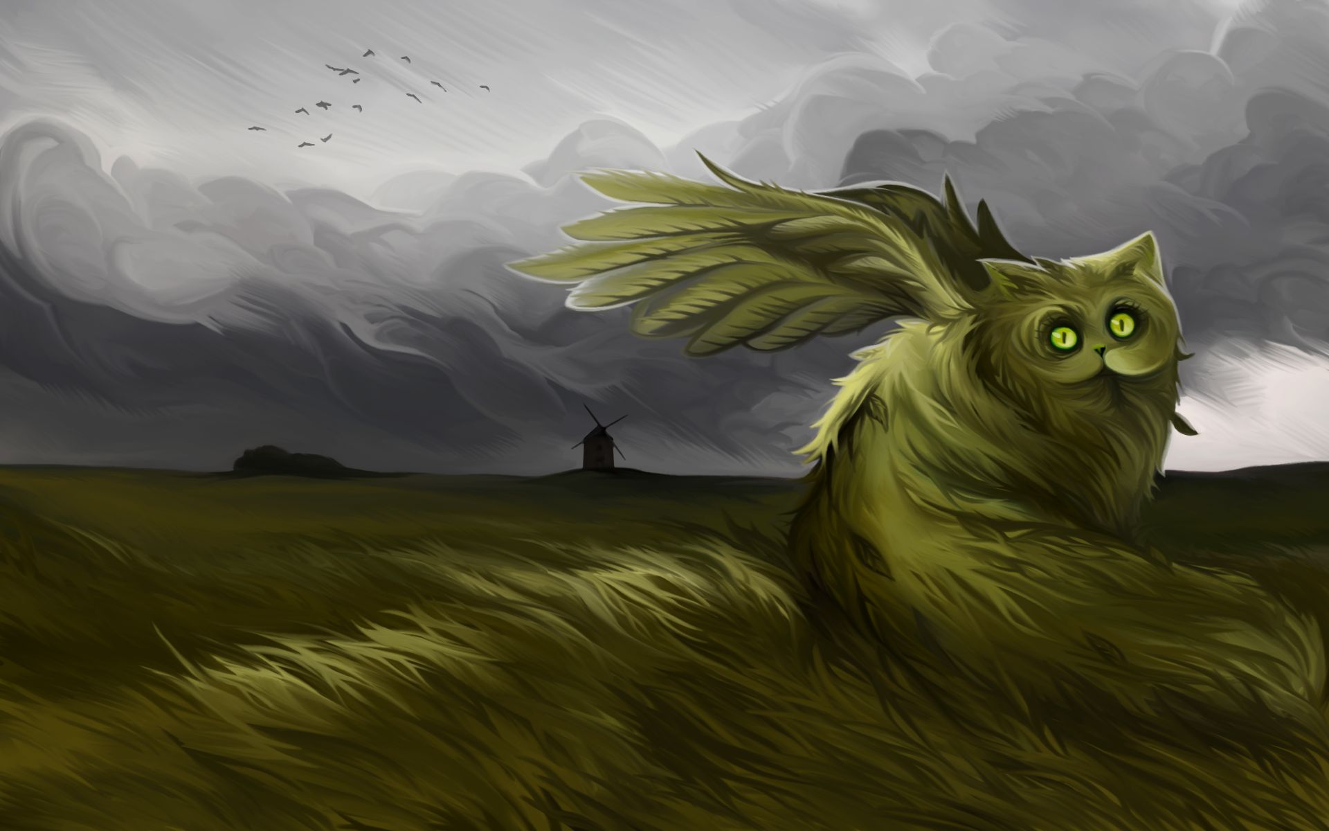 Free download wallpaper Fantasy, Grass, Cat, Wings, Cloud, Fantasy Animals on your PC desktop