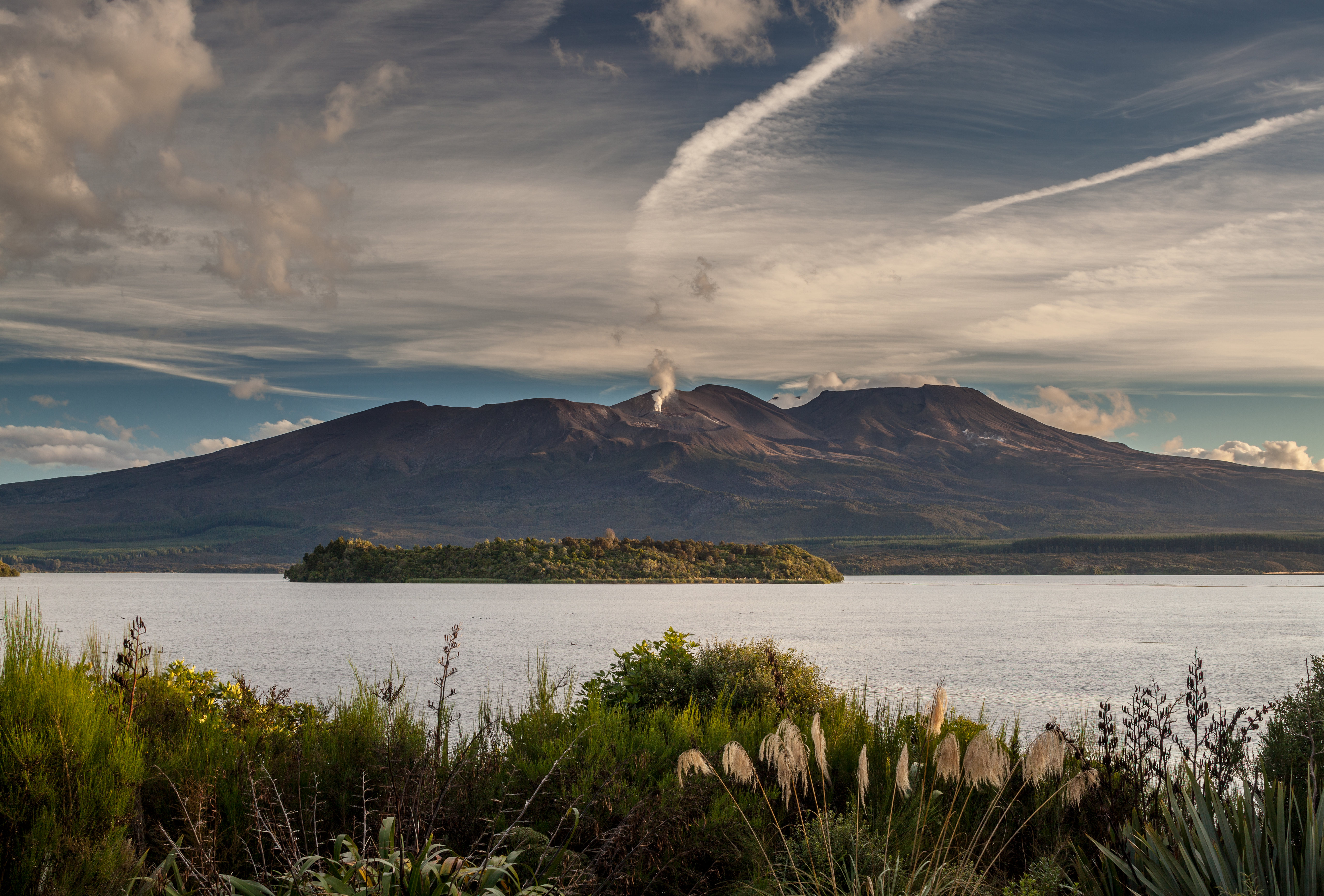 volcano, nature, grass, mountains, sea Free Stock Photo