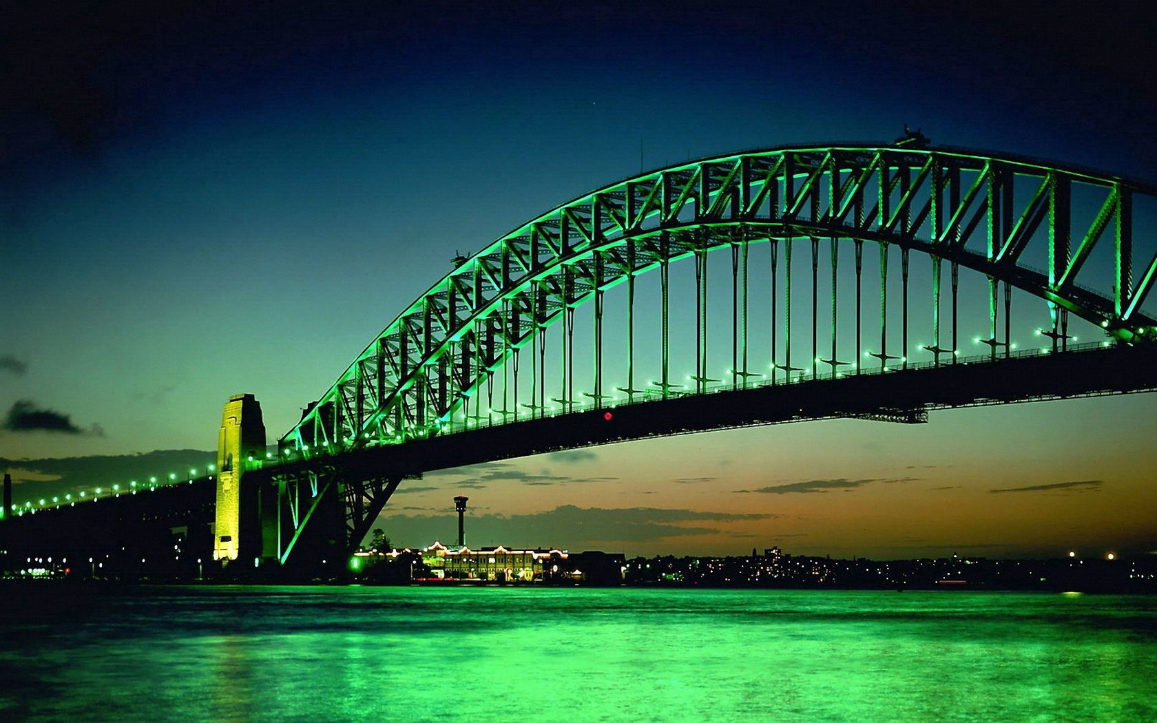 green, cities, water, background, sky, night, clouds, building, lights, bridge, large, big, arc, on the horizon, red green