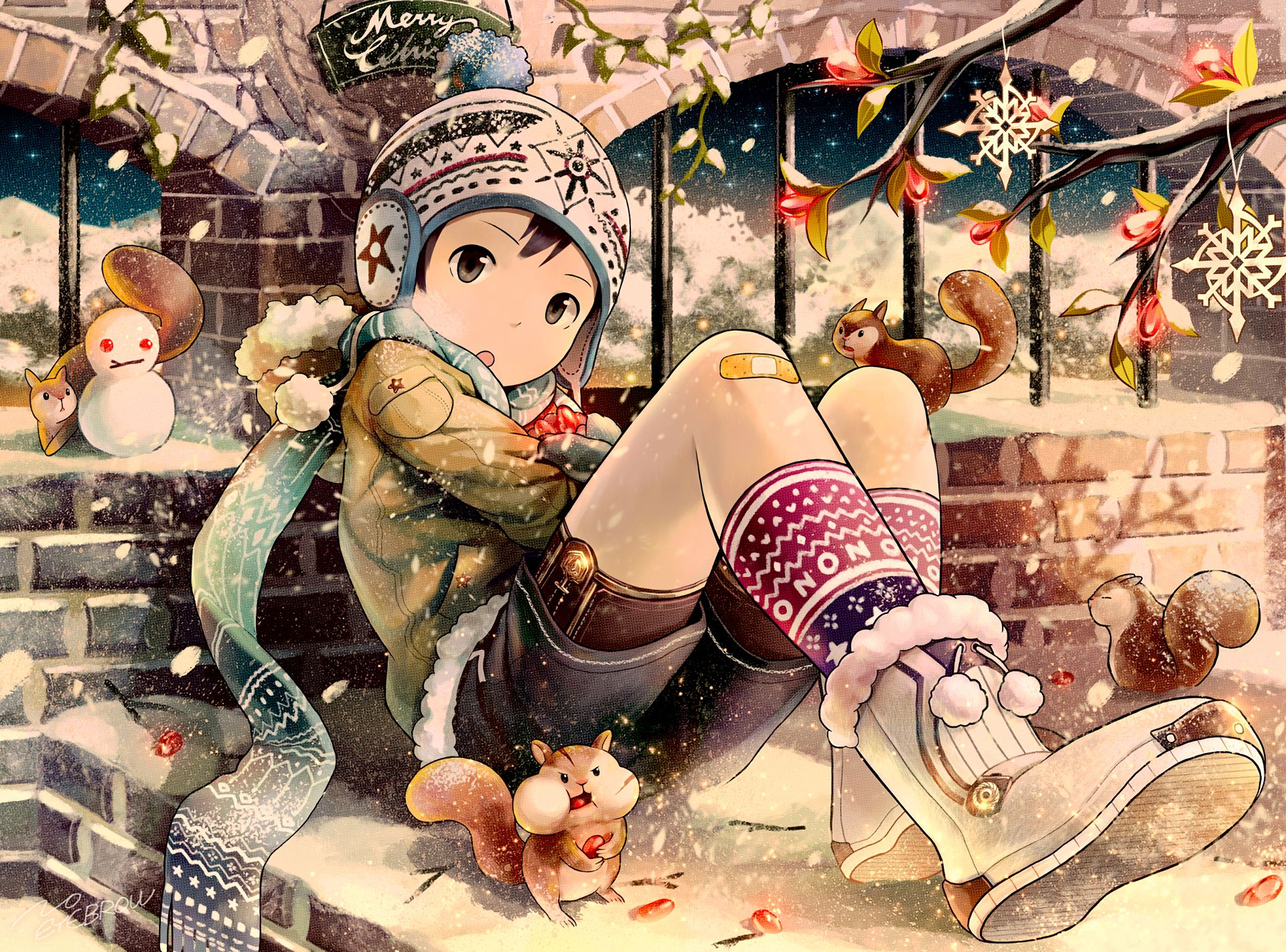 Download mobile wallpaper Anime, Squirrel, Christmas, Scarf, Original for free.