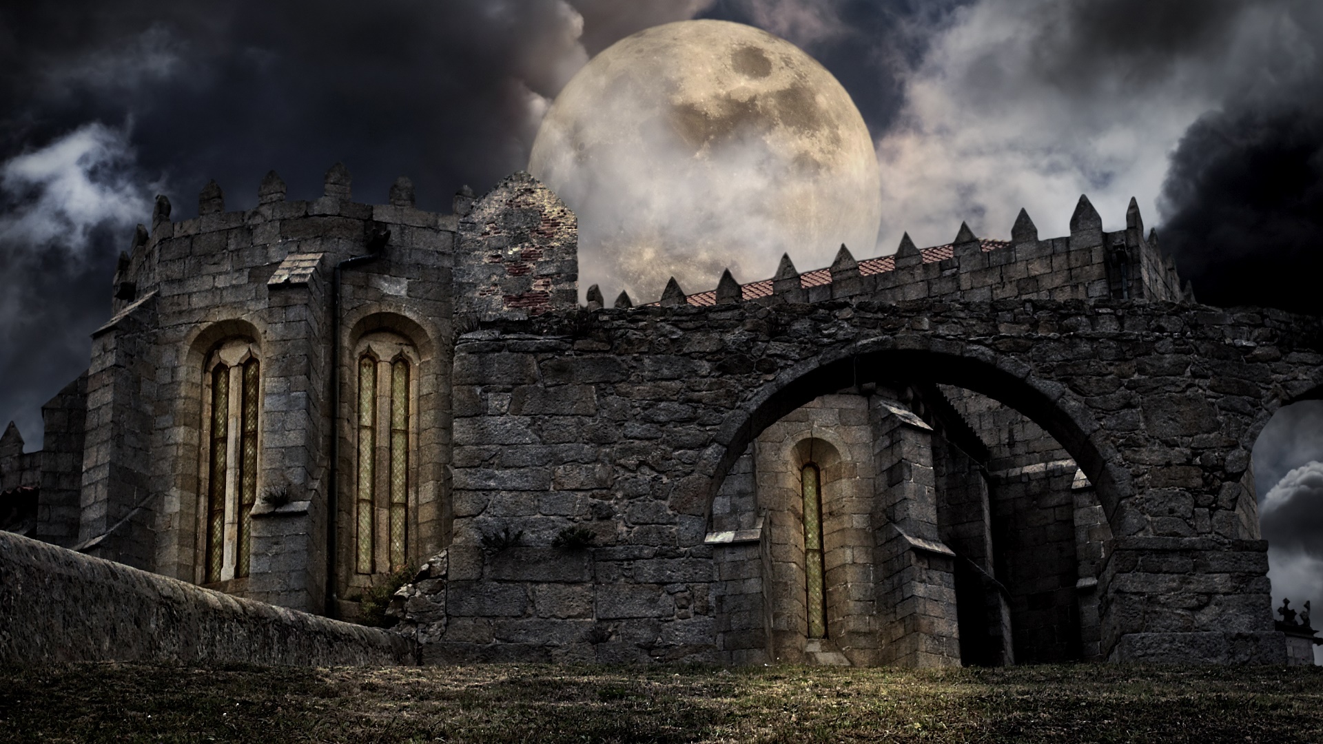 Laden Sie das Fantasie, Mond, Schlösser, Erde, Ruinen, Gotisch, Schloss-Bild kostenlos auf Ihren PC-Desktop herunter