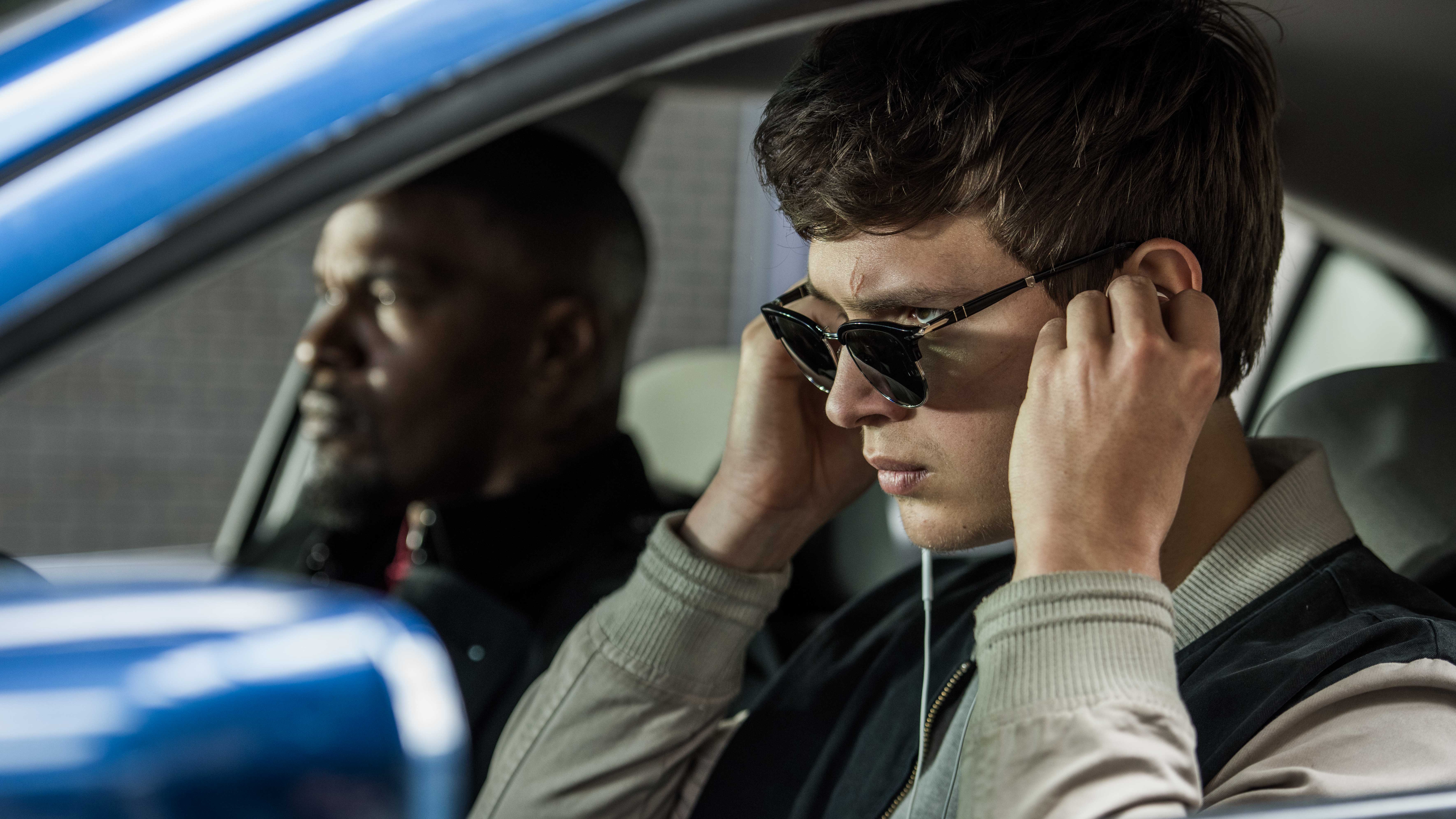 movie, baby driver, ansel elgort, baby (baby driver), bats (baby driver), car, jamie foxx, sunglasses