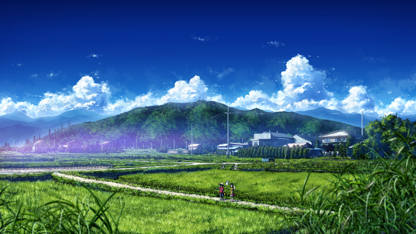 Laden Sie das Landschaft, Haus, Gebirge, Wolke, Gras, Original, Himmel, Animes-Bild kostenlos auf Ihren PC-Desktop herunter