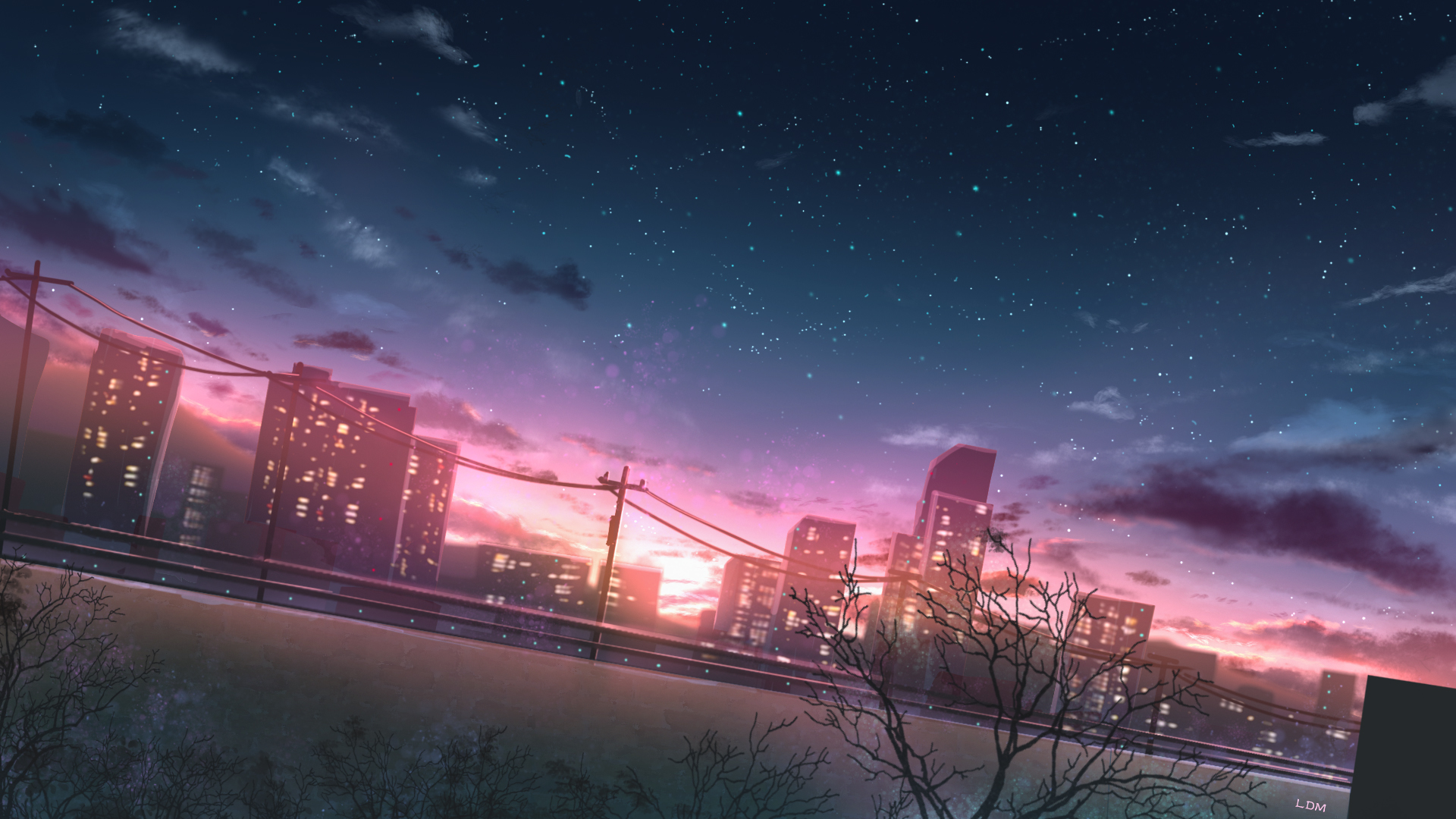 Baixe gratuitamente a imagem Anime, Pôr Do Sol, Céu, Cidade, Céu Estrelado na área de trabalho do seu PC