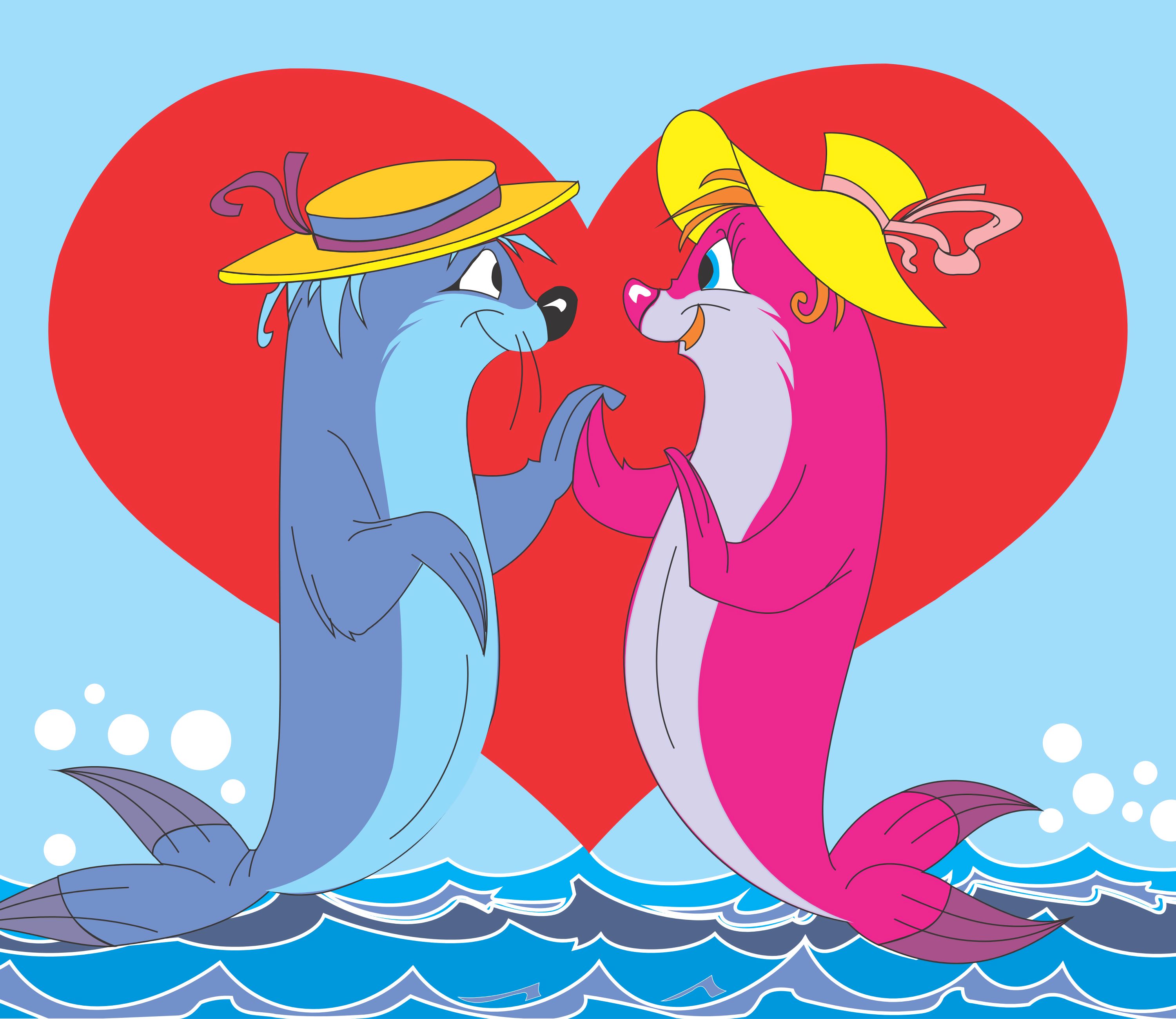 Скачать обои бесплатно Морские Котики, Любовь, Пара, Сердце, Арт картинка на рабочий стол ПК