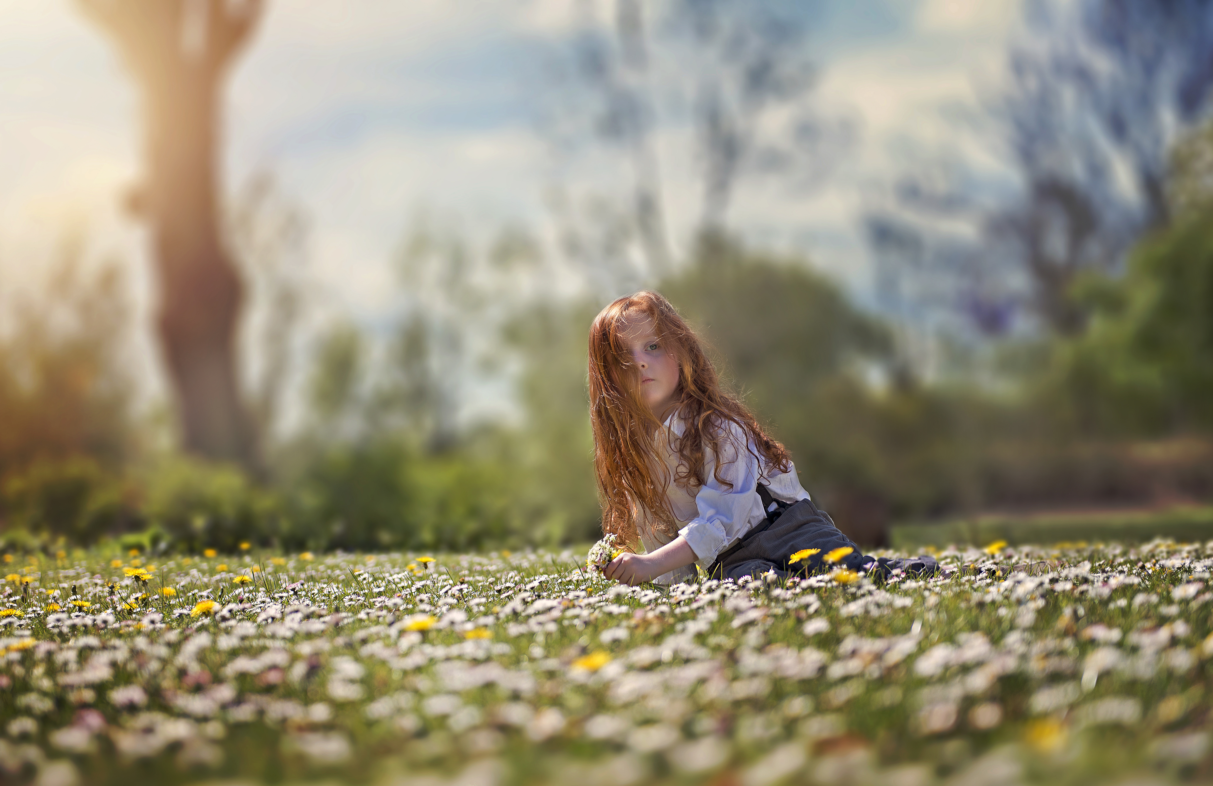 Download mobile wallpaper Summer, Flower, Blur, Redhead, Child, Photography, Little Girl for free.