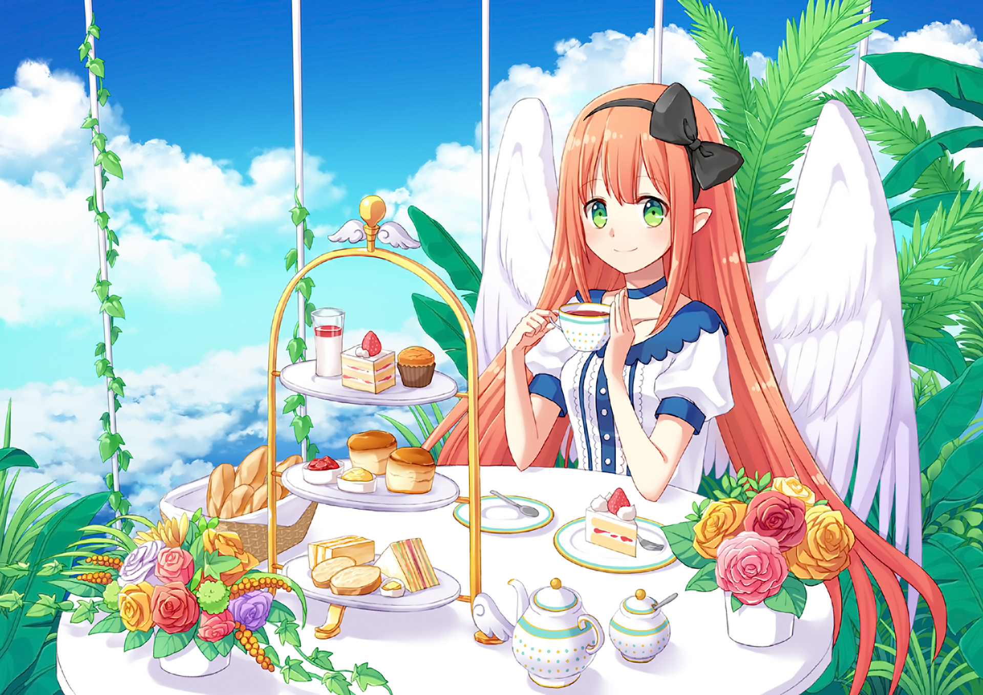 Download mobile wallpaper Anime, Flower, Cup, Cake, Wings, Cloud, Cupcake, Green Eyes, Original, Pink Hair, Bow (Clothing) for free.