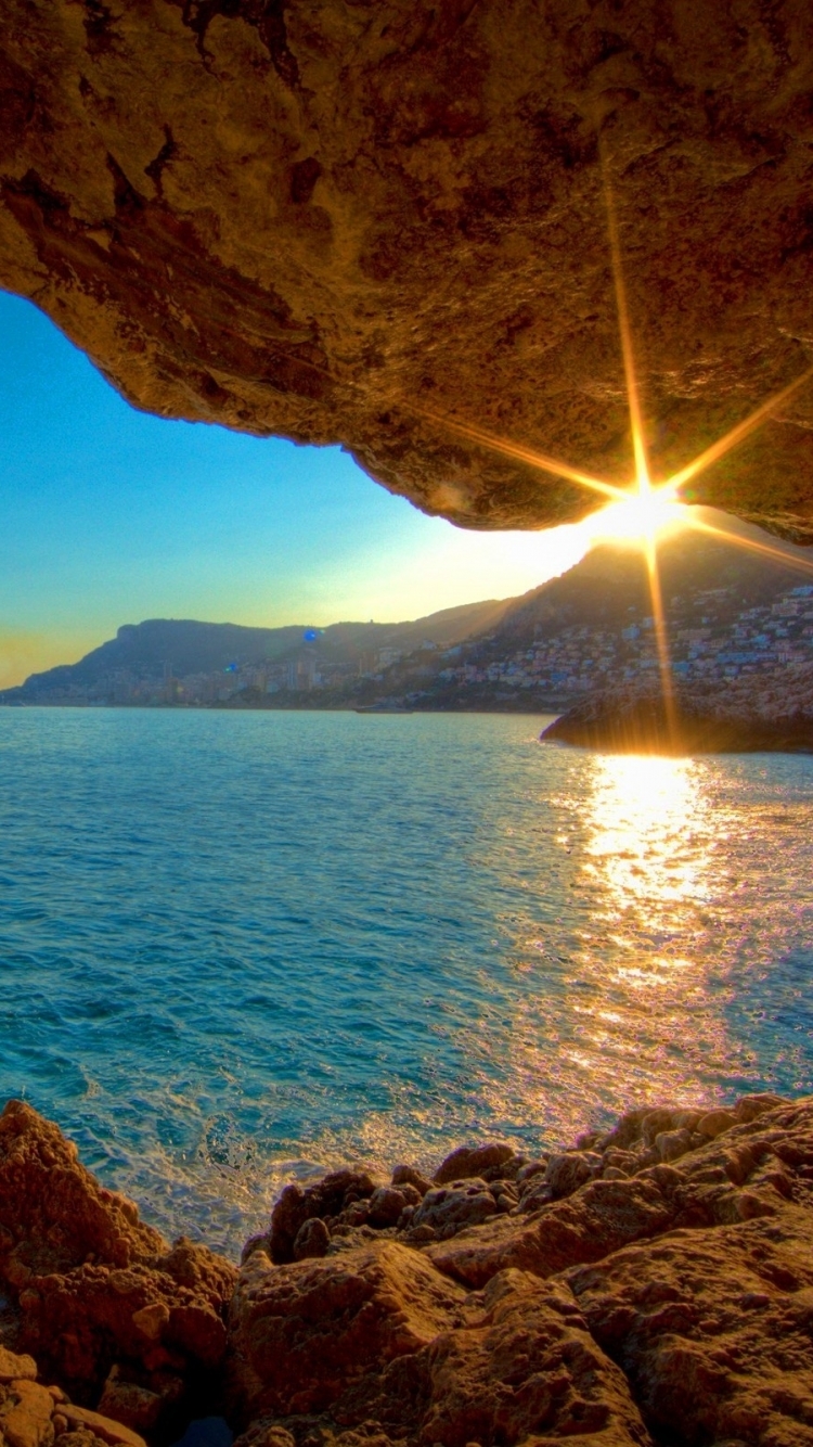 Download mobile wallpaper Nature, Sunset, Sun, City, Ocean, Earth, Hdr, Sunlight, Monaco for free.