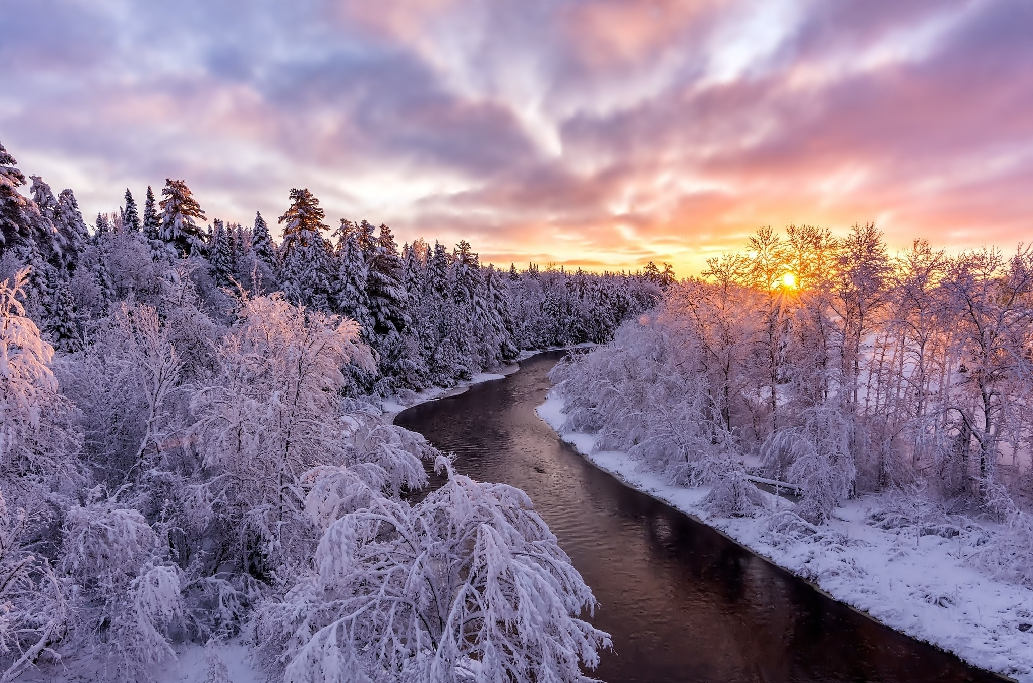 Download mobile wallpaper Winter, Snow, Forest, Tree, Earth, River for free.