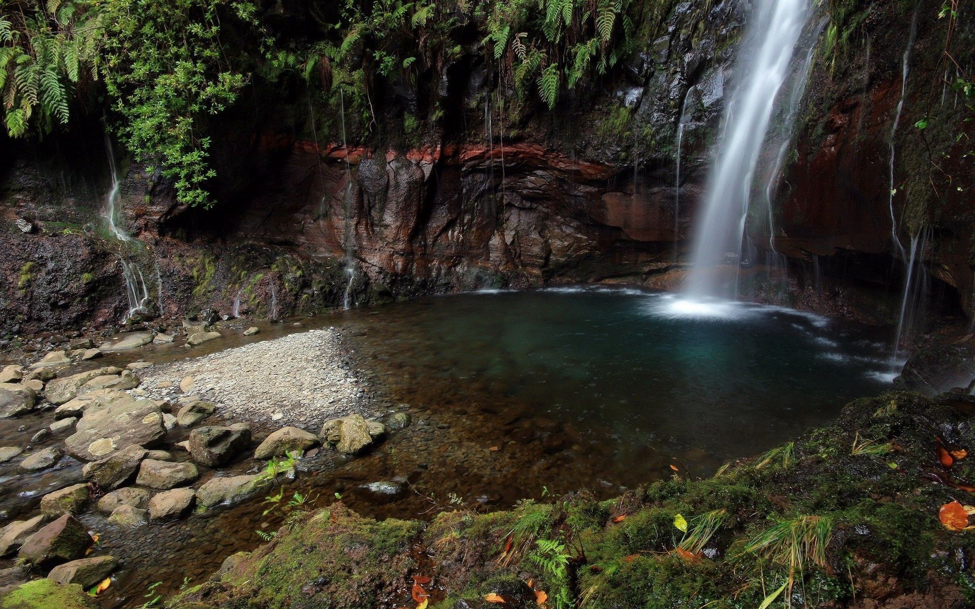 Free download wallpaper Stones, Waterfall, Gorge, Nature, Vegetation on your PC desktop