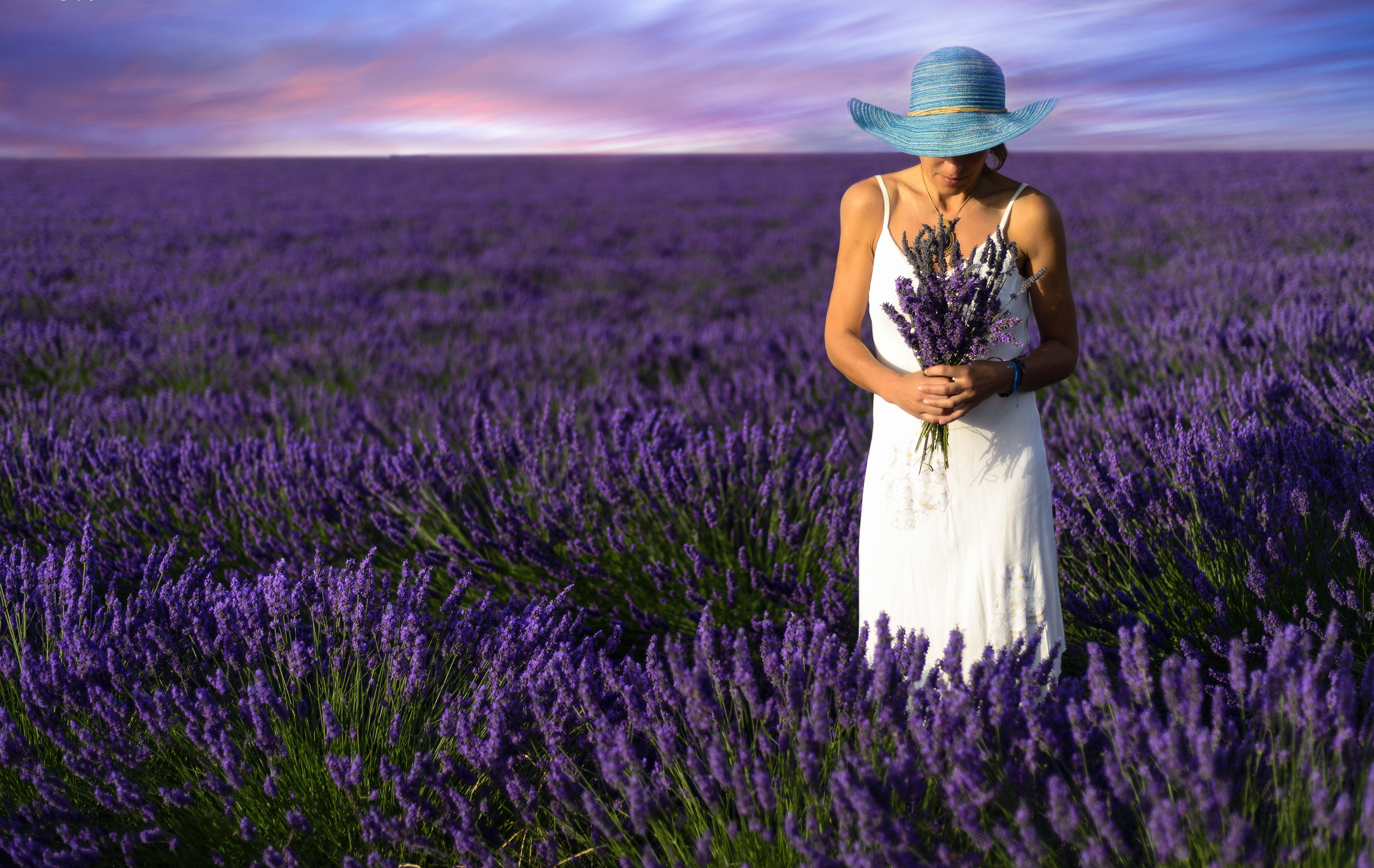 Download mobile wallpaper Field, Mood, Hat, Lavender, Women, Purple Flower, Depth Of Field, White Dress for free.