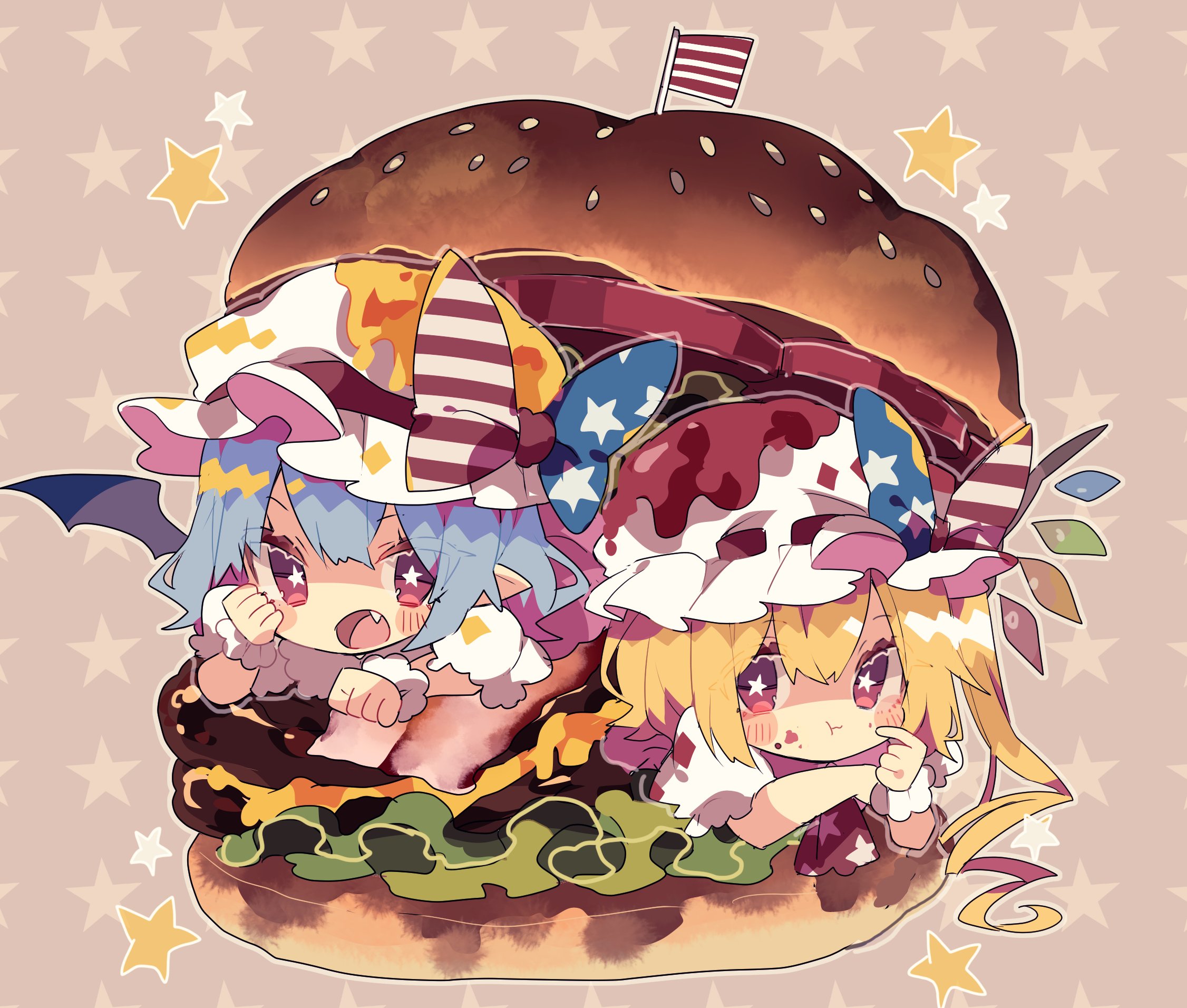 anime, touhou, flandre scarlet, hamburger, remilia scarlet