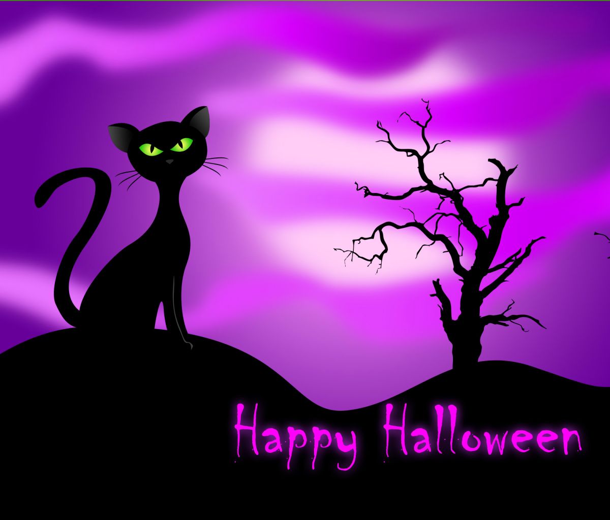 Download mobile wallpaper Halloween, Cat, Tree, Holiday, Purple, Happy Halloween for free.